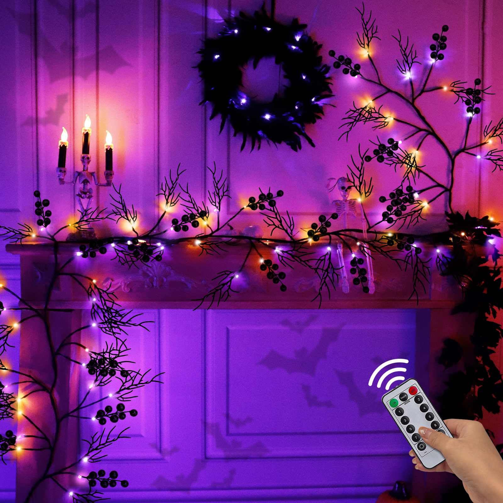Turnmeon Extra Long 9 Ft 72 Led Orange & Purple Lights Halloween Garland Willow Vine Twig Decor Timer 8 Mode Remote Control Waterproof Battery Operated Halloween Decorations Indoor Home Wall Fireplace