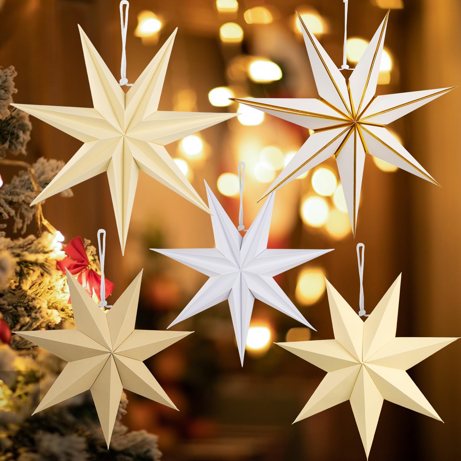 Paper Jazz 5 Pcs Paper Star Lanterns Party Decorations Paper Stars Christmas Hanging With Beige Brown Moravian Star Boho Vintage Christmas Ornaments For Xmas Tree Wall Ceiling Decoration.