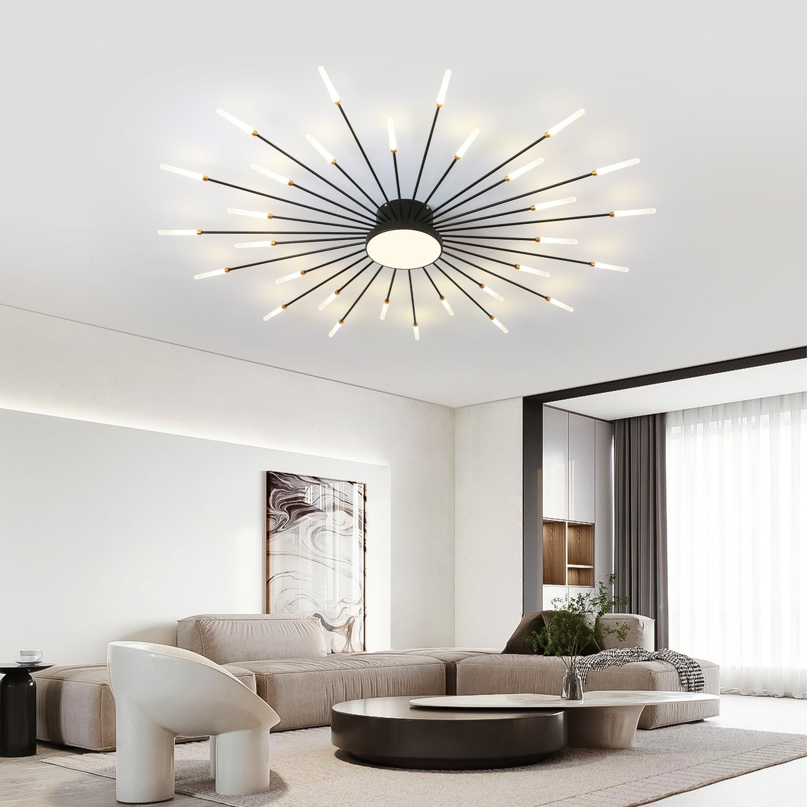 Ziidoo Modern Ceiling Light 30+1 Lights Metal Firework Designed Chic Led Lighting Fixture For Farmhouse Kitchen Dining Room Bedroom Hallway Living Room (Black)