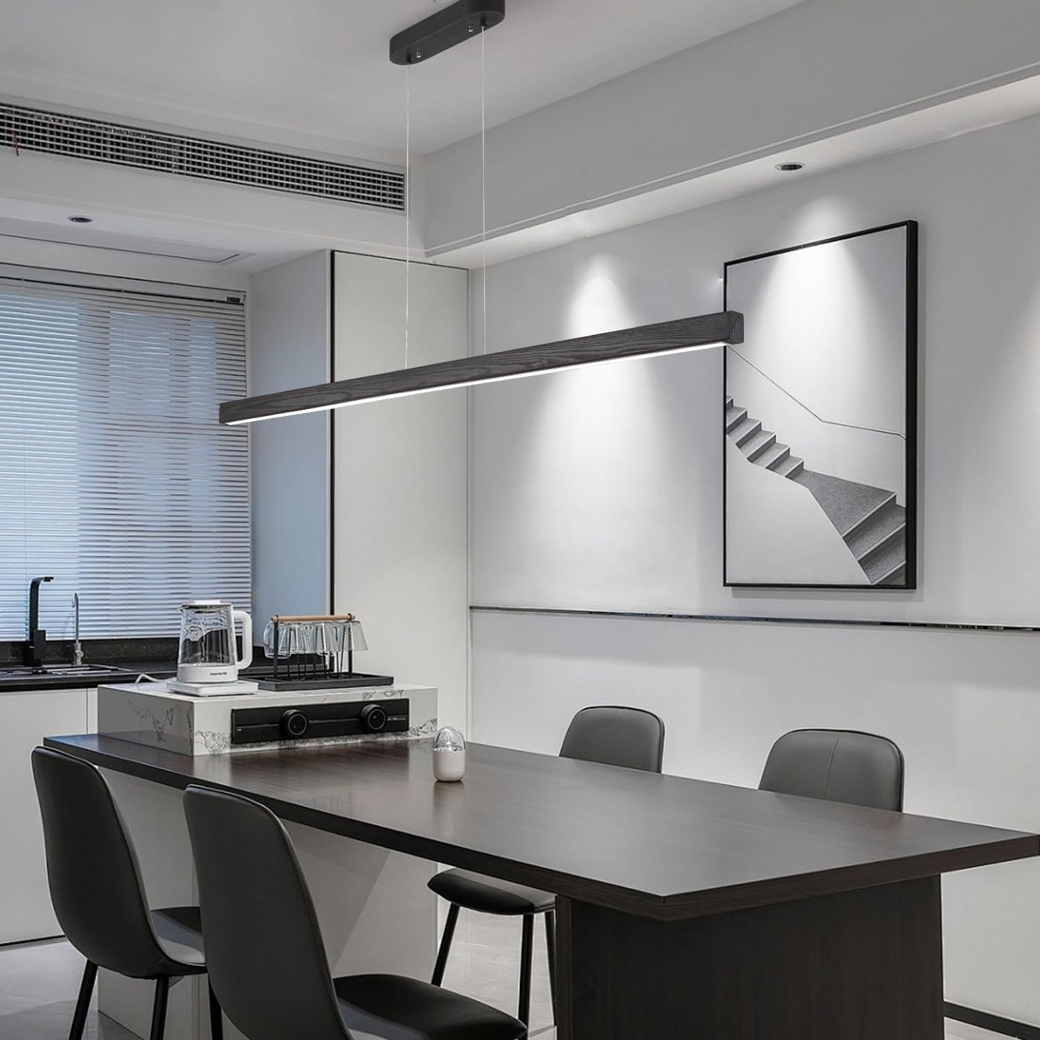 Black Wood Linear Pendant Light - Dimmable Led Chandelier With Remote  Modern Minimalist Lighting For Kitchen Islands  Dining Rooms & Pool Tables (Energy-Efficient 19W)
