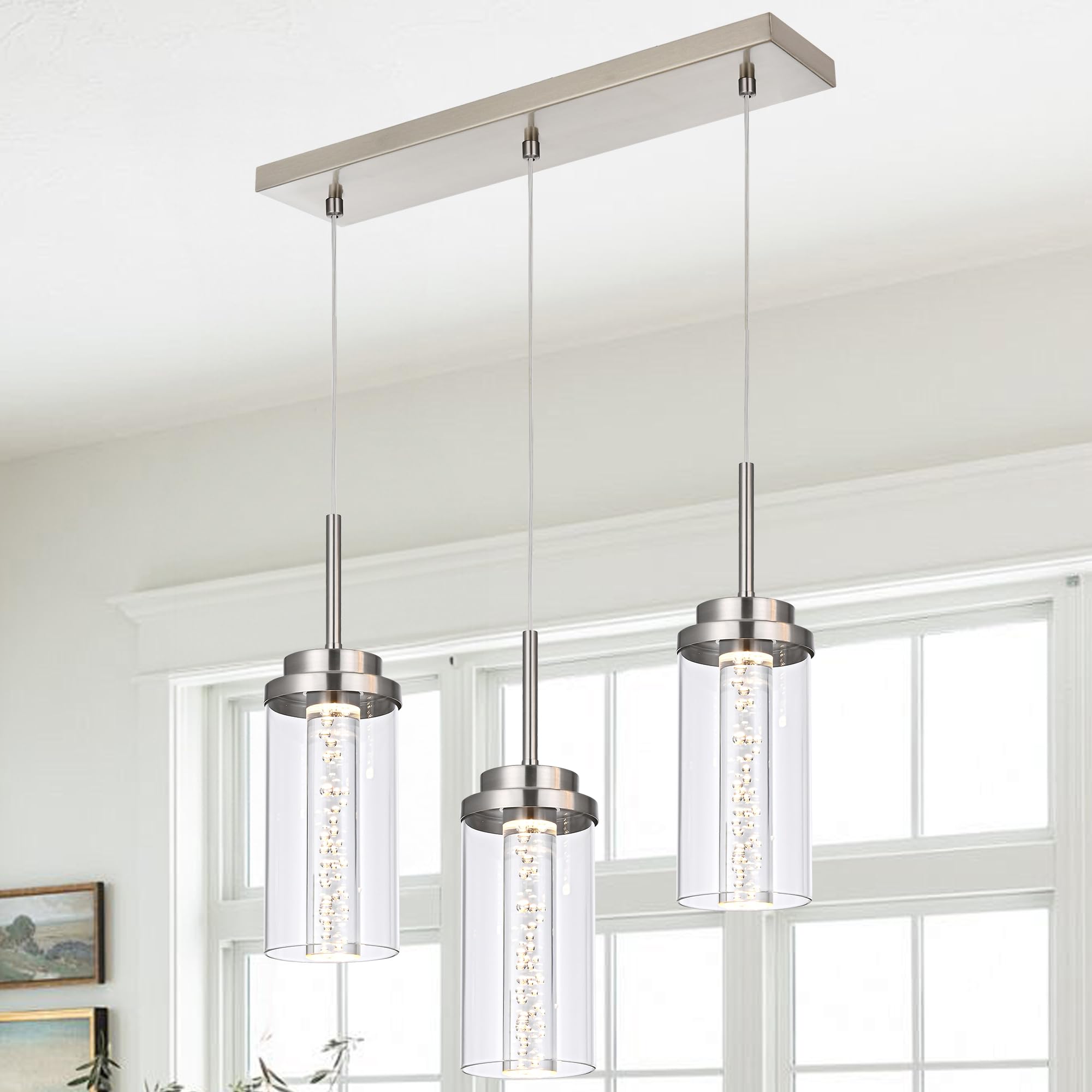MELUCEE Modern LED Linear Pendant Light Brushed Nickel, 23IN Ceiling Chandelier Light Fixture Hanging with Clear Glass, 3000K-60