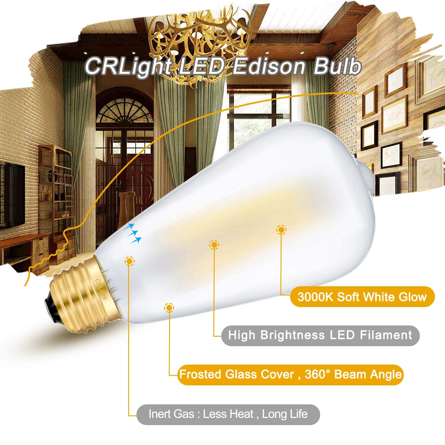 Crlight 8W Dimmable Led Edison Bulb, 3000K Soft White, 700 Lumens, 6 Pack