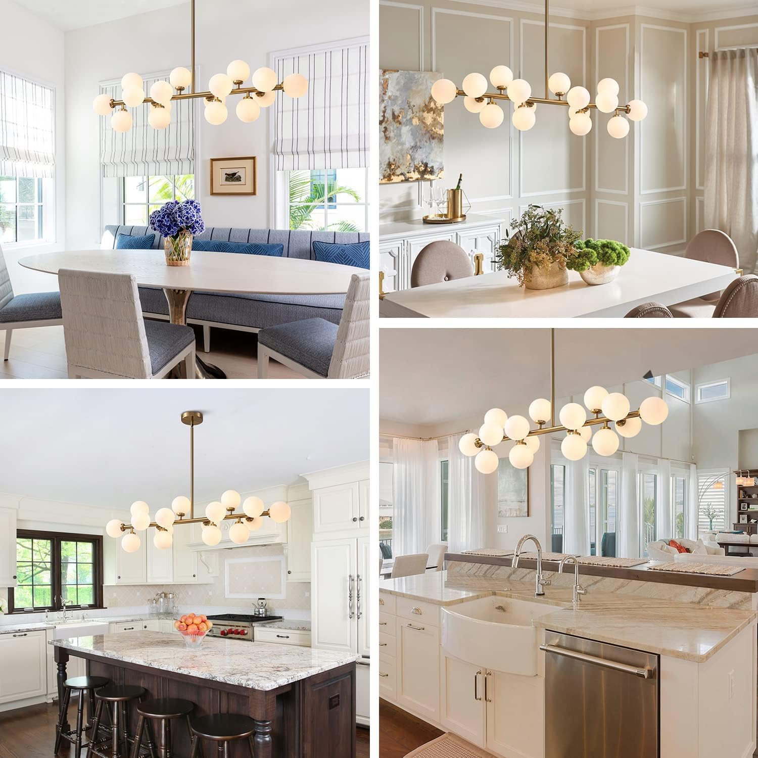 APBEAMLighting Gold Mid Century Modern Chandelier, 16 Lights, White Glass Globe, Linear Pendant Fixture for Dining Room