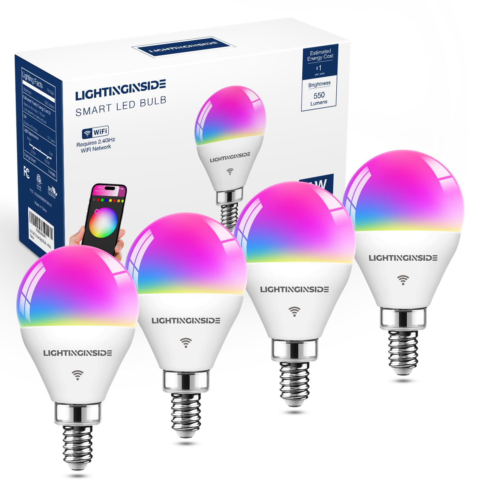 Lightinginside E12 Smart Light Bulbs 50W Equivalent, Wifi G16 1/2 Rgbcw Candelabra Ceiling Fan Smart Bulb Compatible With Alexa/