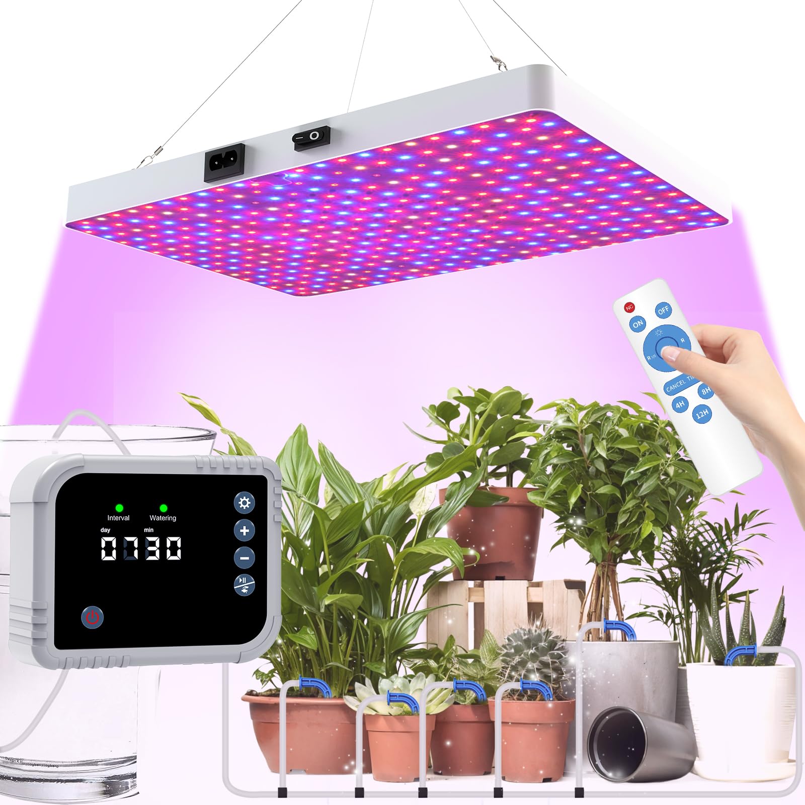 ZRYBOMY LED Grow Light with Automatic Watering System, Full Spectrum, Remote Control, Aluminum, White, Model G1, Grow Light+Watering System