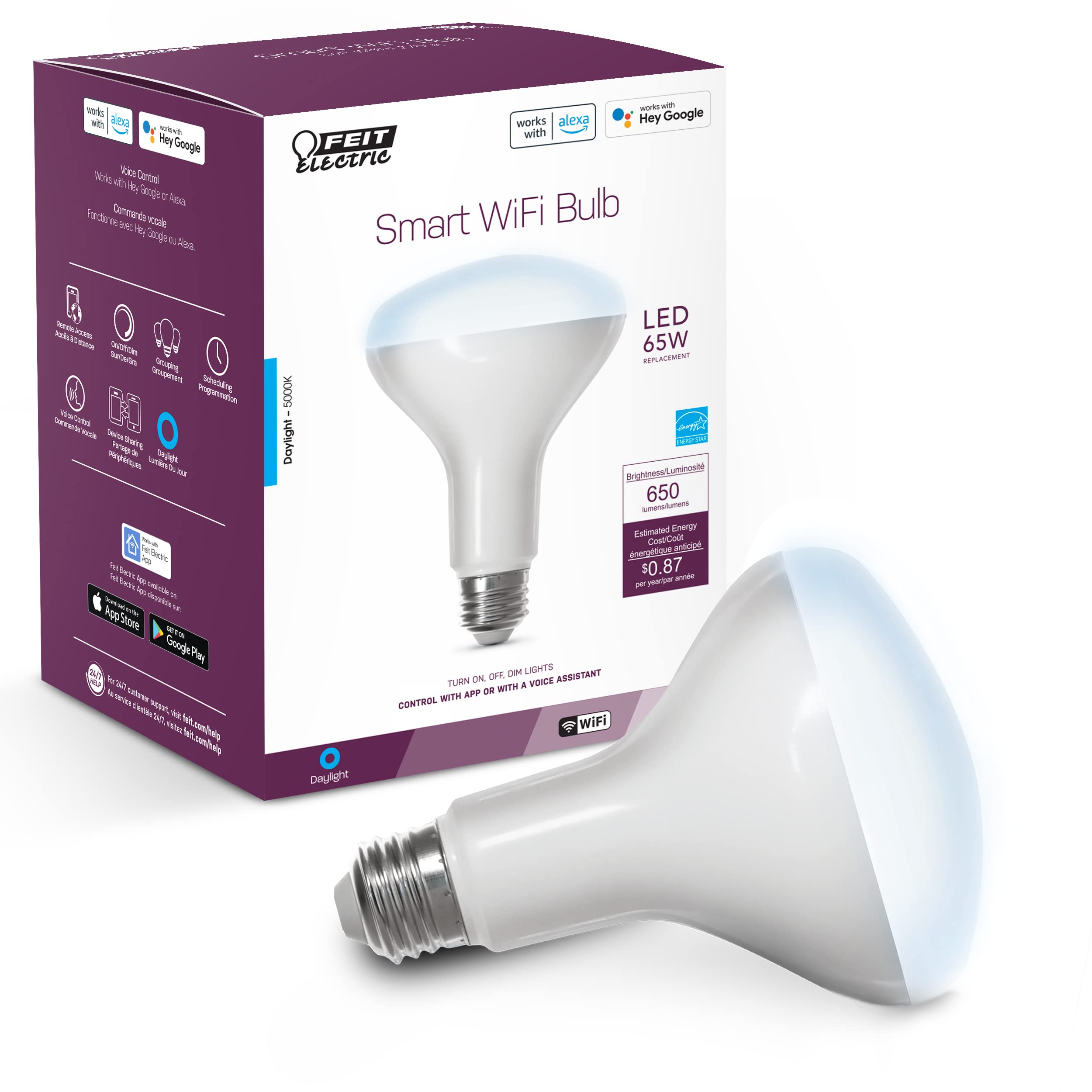 Feit Electric Smart BR30 Wifi Bulb, 5000K Daylight, 2.4GHz WIFI, No Hub Needed, Works with Alexa and Google Home Assistant, App 