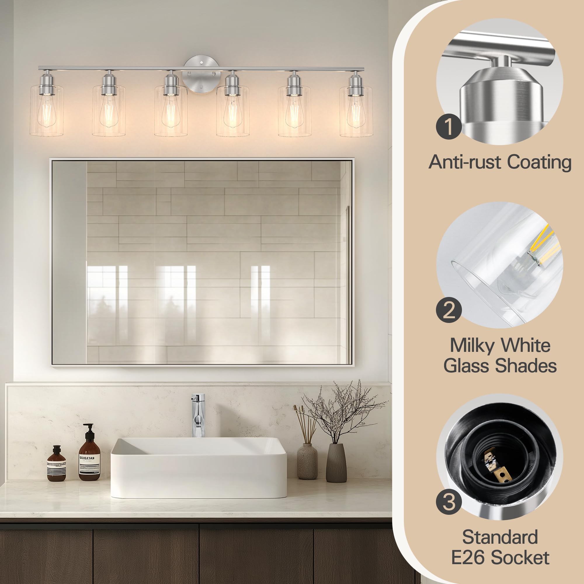 Espird Bathroom Vanity Light Fixtures, 6 Lights, Brushed Nickel, UL Certified, Modern Wall Lighting, Model L01-6-NL