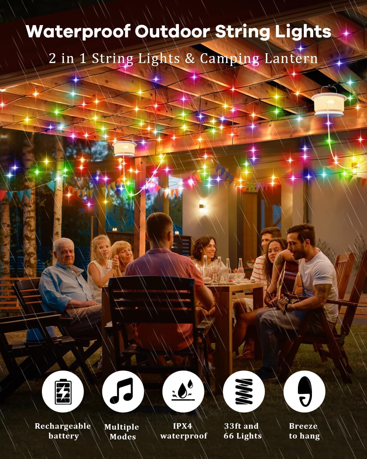 Camping String Lights Outdoor with Music Sync, Quick Storage LED String Lights with 7 RGB Colors & 12 Mode Tent Lights, Portable