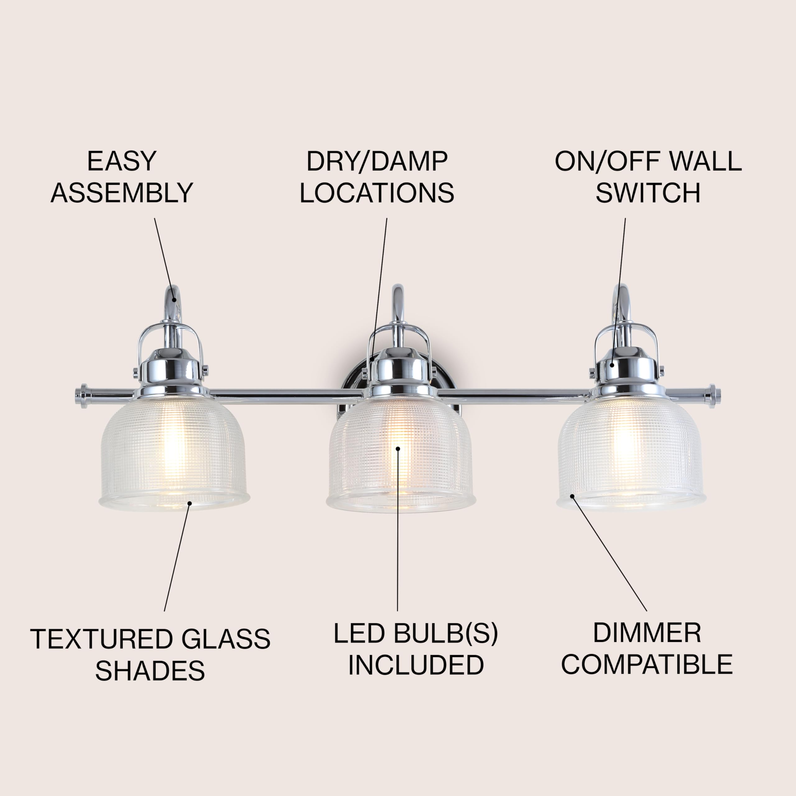 JONATHAN Y Virginia 3-Light LED Vanity Light, Metal/Glass, Chrome, Model JYL7409A
