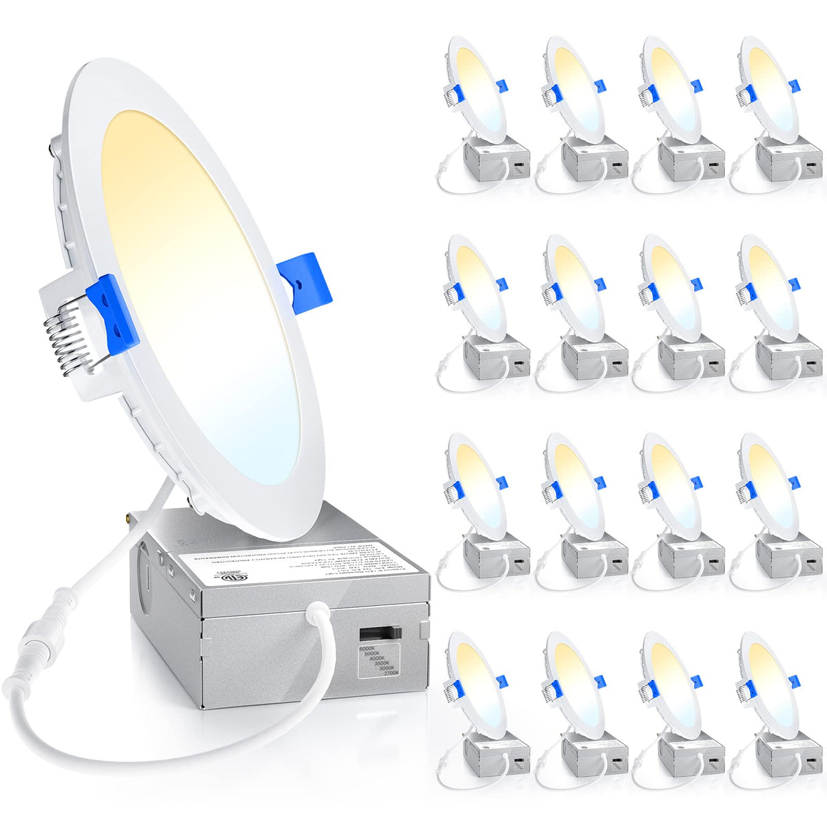 Ensenior 16 Pack Ultra-Thin Led Recessed Lighting 6 Inch 6Cct With Junction Box, 2700K-6000K Selectable, 12W 110W Eqv, Dimmable