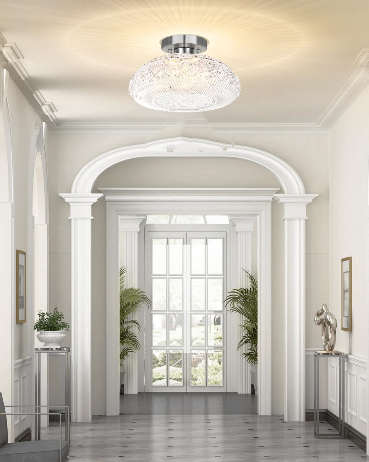Semi Flush Mount Ceiling Light Fixture - 11 Inch Modern Glass Hall Light, Vintage Light Fixture For Kitchen, Hallway, Bathroom And Entry Way, Compatible With E26 Light Bulb, Silver