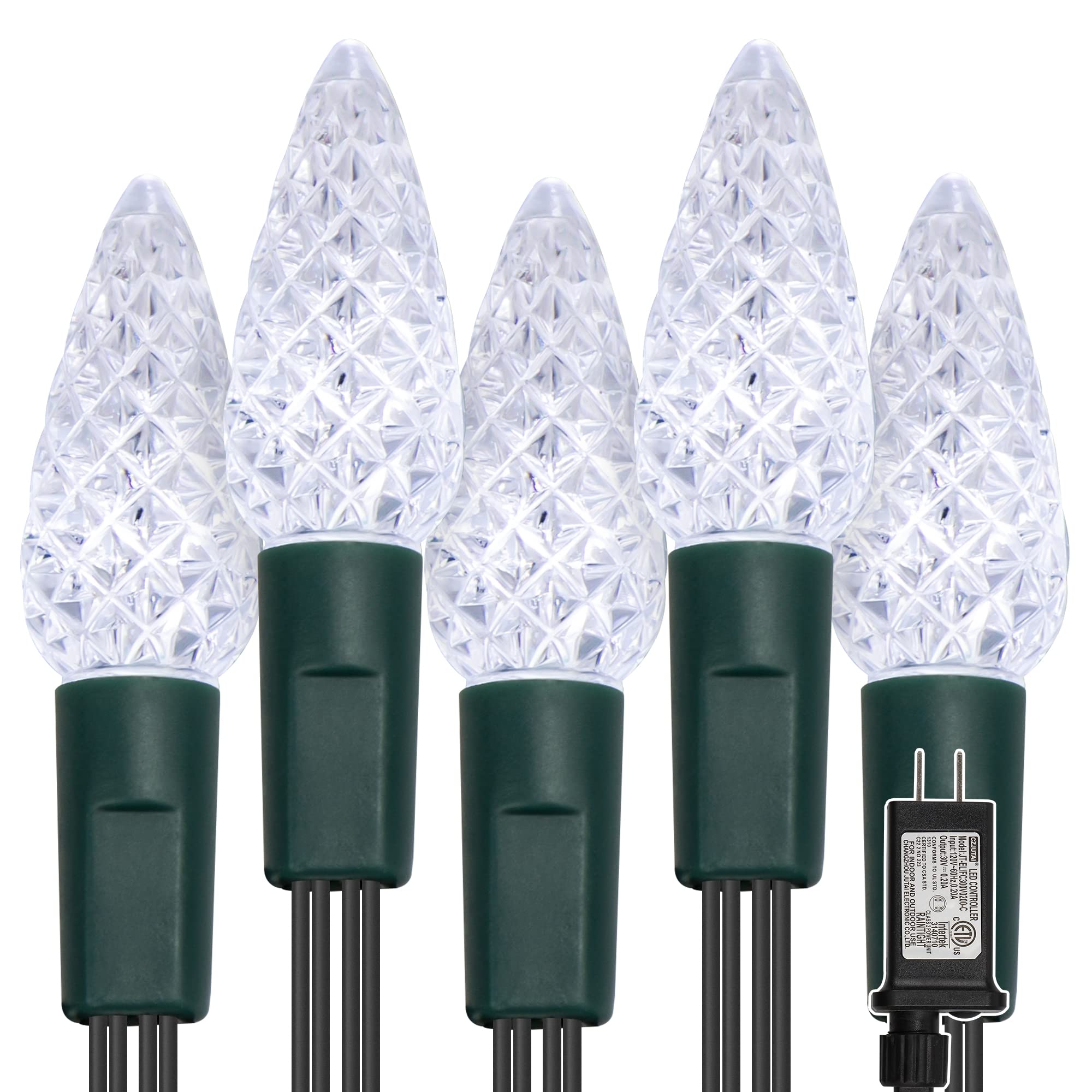 WATERGLIDE 33ft 100 LED Faceted String Lights, Cool White, Green Wire, Waterproof, 8 Lighting Modes, Indoor Outdoor Decor