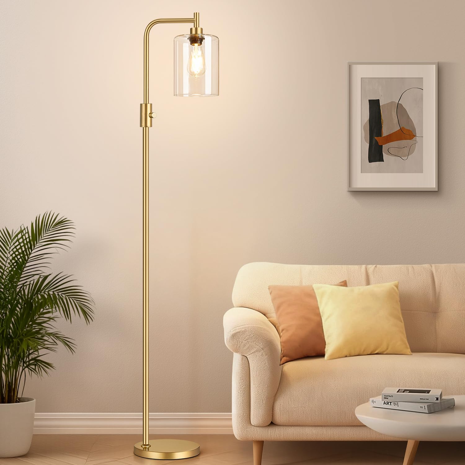 ?Upgraded?Dimmable Gold Floor Lamp for Living Room with Clear Glass Lampshade, Glass Modern Floor Lamp with 900LM Edison Bulb In