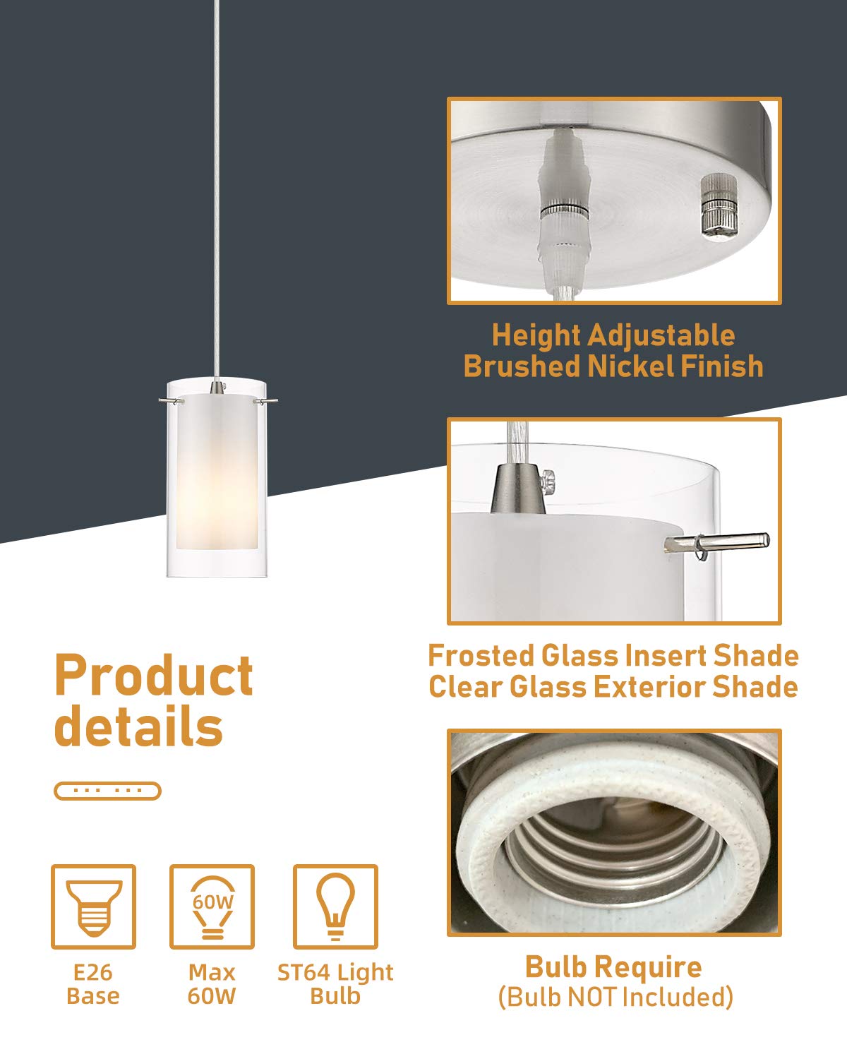 AKEZON 1-Light Pendant Light Fixture, Adjustable Glass Hanging Light, Brushed Nickel, Model KP-506, Ideal for Kitchen Dining Room