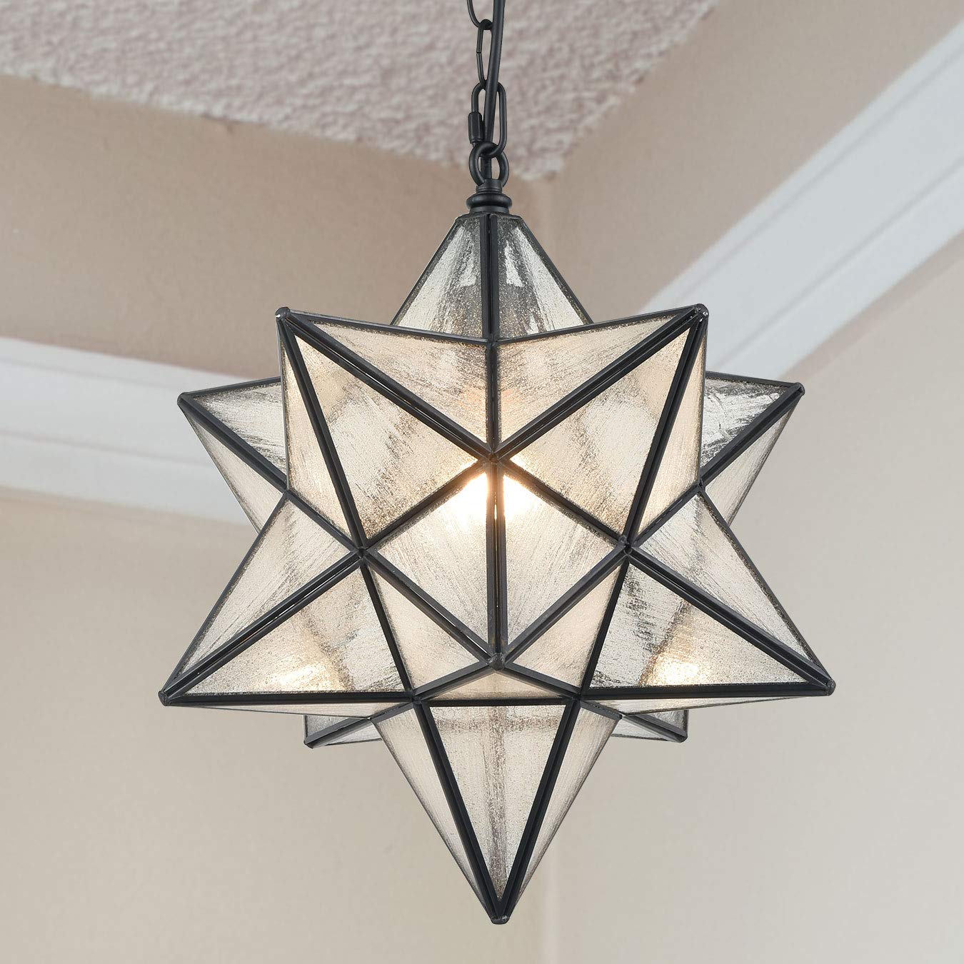 CLAXY Modern Moravian Star Pendant Light, Seeded Glass, 16in Diameter, Adjustable Chain, Model TB5088DU-40QP