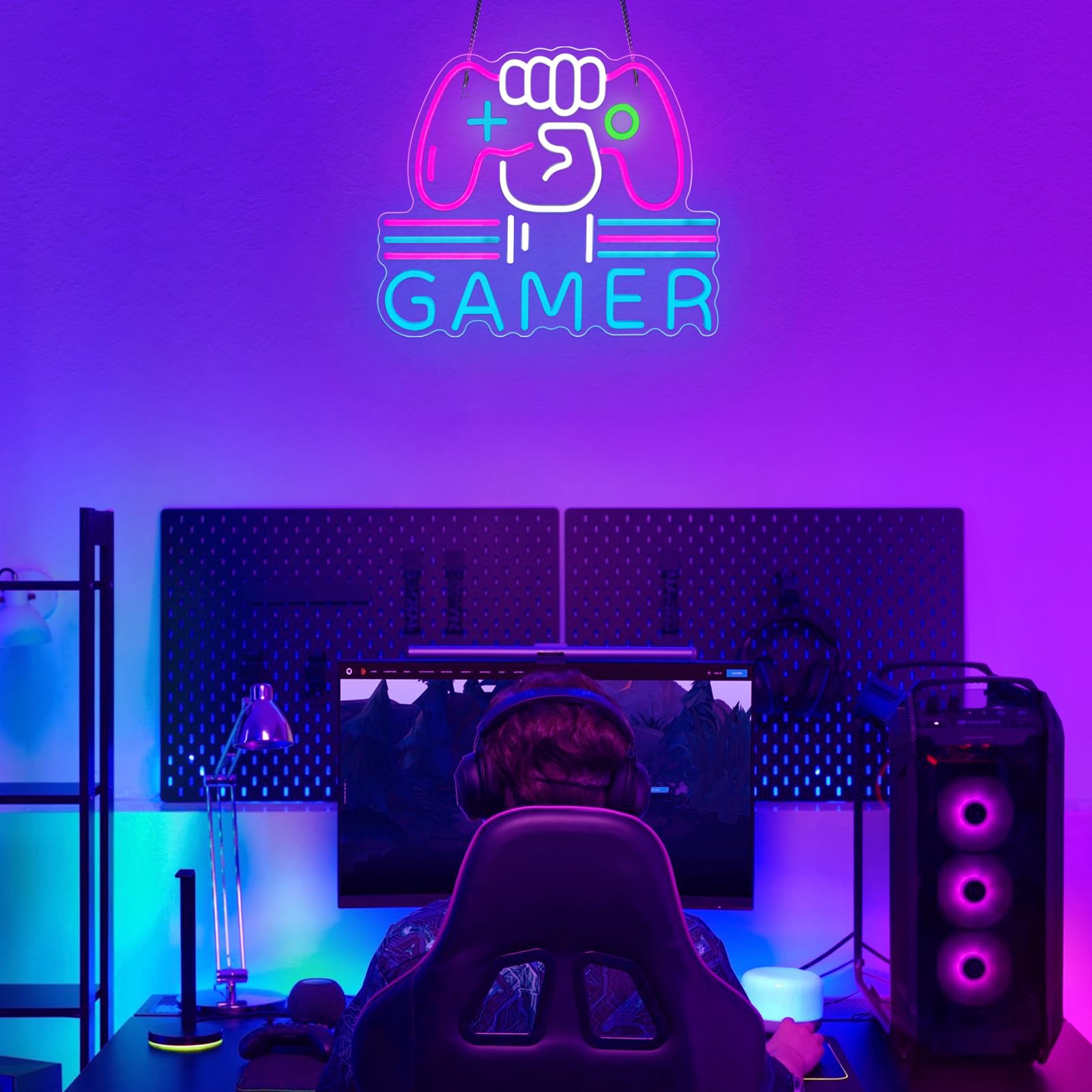 ReyeeInc Gamer Neon Sign - Bright Dimmable LED Light, 15.4x12.6in, Acrylic, Pink/Blue/White, Model RY23012, Perfect for Gaming Room