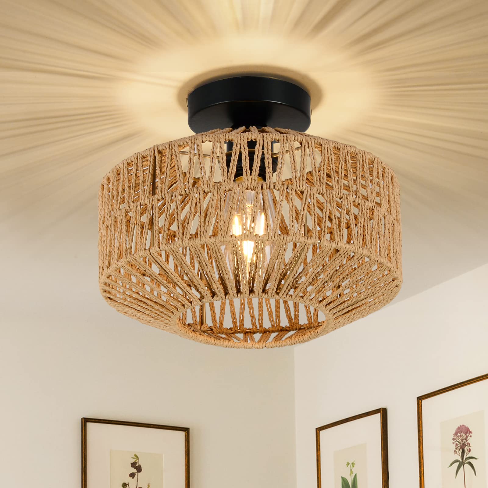 Jobtical Boho Light Fixtures Ceiling Mount,Mini Rattan Chandelier Light Fixture with Dimmable LED Bulb,Hand Woven Ceiling Light 