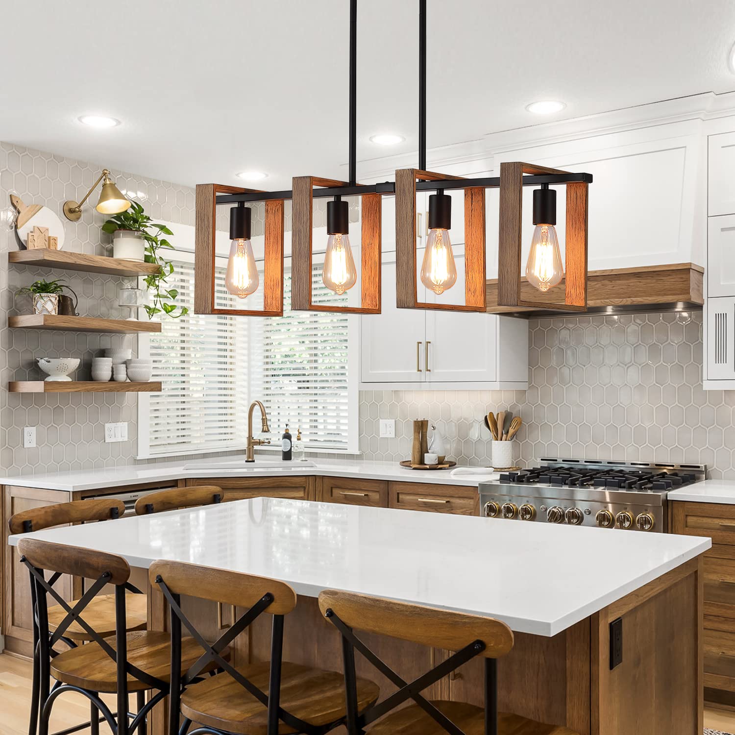 9Mmml 4 Lights Island Light For Kitchen,Farmhouse Industrial Rectangle Pendant Light, Black Body+Wood Frame Vintage Chandelier For Dining&Living Room Pool Table Hallway Entryway Foyer,E26