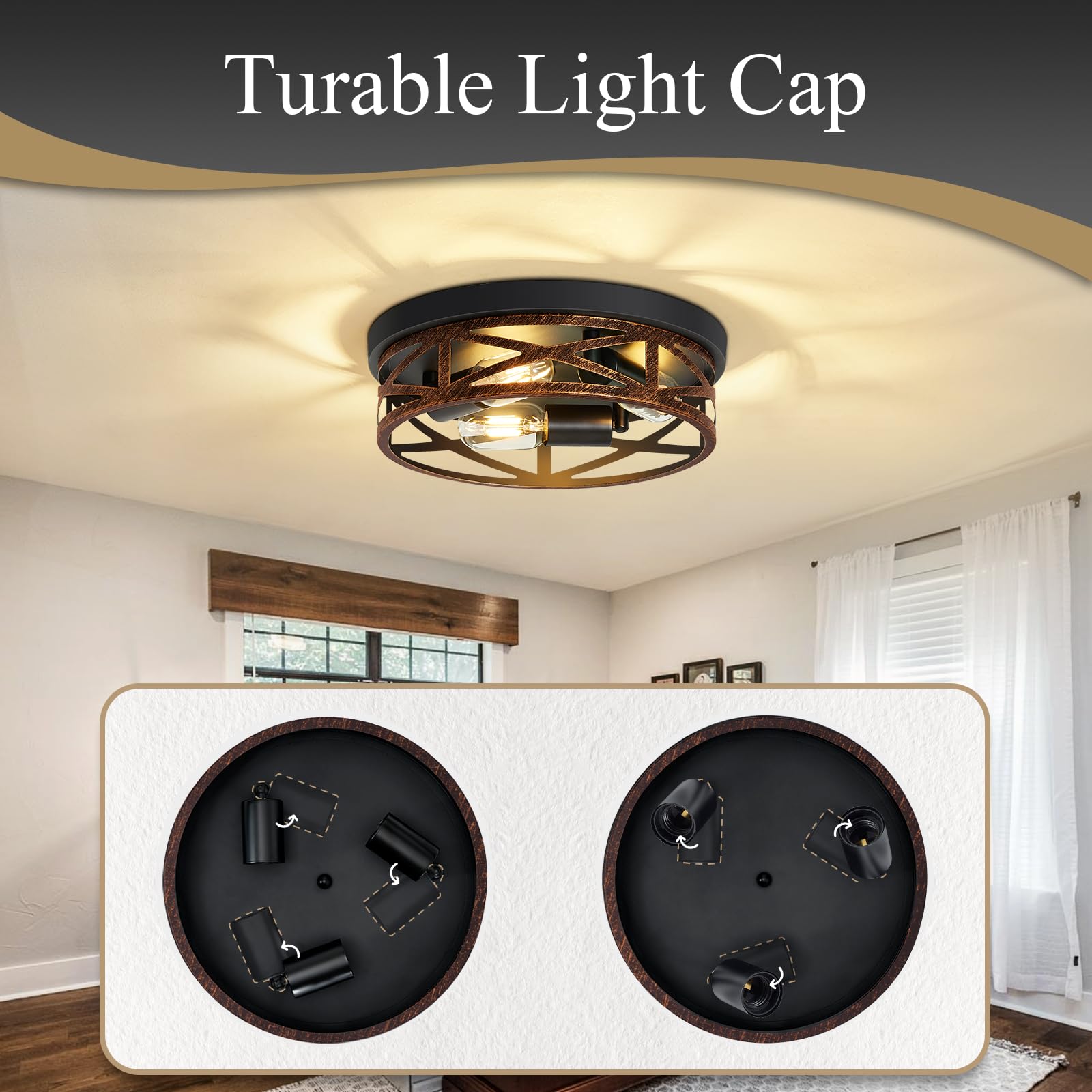 SKEJAO Flush Mount Ceiling Light Fixture, Vintage Metal Black, 13 inch, Model SK004G, 2 Pack