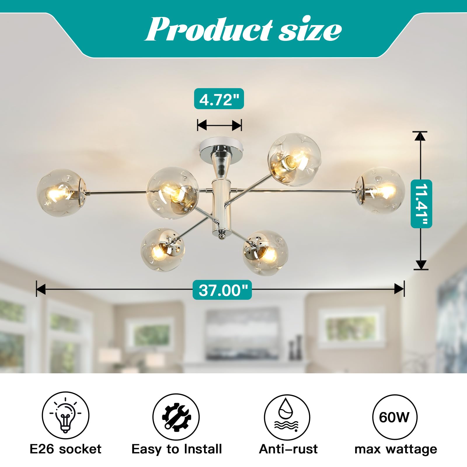 Hesoge Modern Sputnik Ceiling Lights 6 Light Semi Flush Mount Ceiling Fixture With Glass Globes Chrome Chandelier For Dining Room Bedroom Living Room Kitchen Farmhouse.