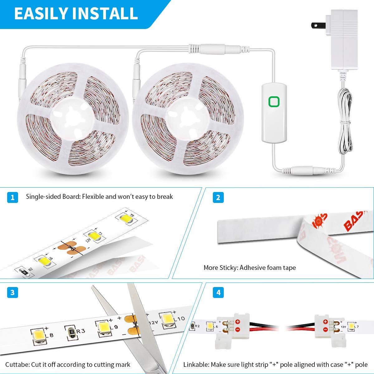 MY BEAUTY LIGHT 32.8FT White LED Strip Lights, Dimmable, Flexible, ETL Power Supply, with Adhesive Clips and Dimmer Switch