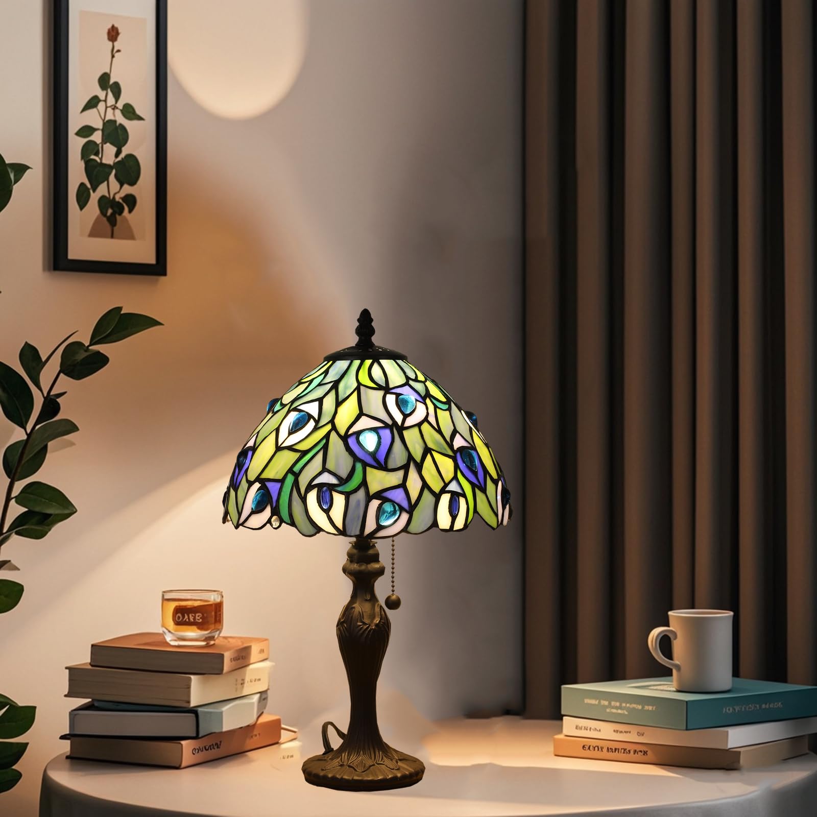 Fumat Tiffany Table Lamp For Living Room Blue Phoenix Tail Stained Glass Table Lamps For Bedroom Hand-Made 3 Color Temperature B
