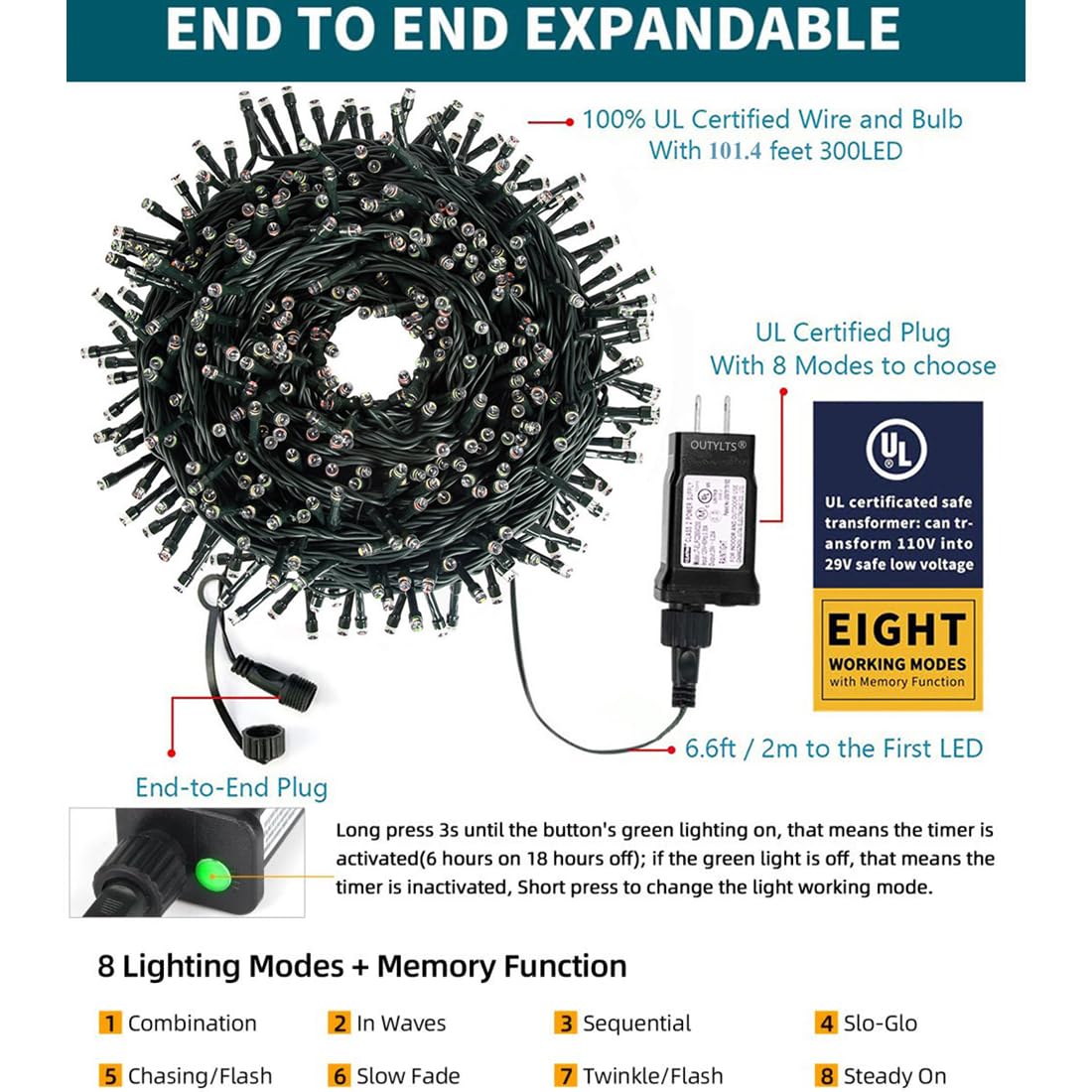 Outylts 108Ft Christmas String Lights, 300 Led, 8 Modes, Outdoor Waterproof, Multicolor