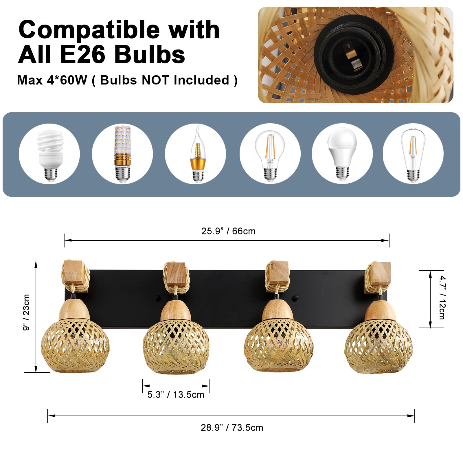 4-Light Bathroom Vanity Light Fixtures,Rustic Style Farmhouse Wood Bathroom Wall Sconce, Handmadebamboo Woven Boho Wicker Basket