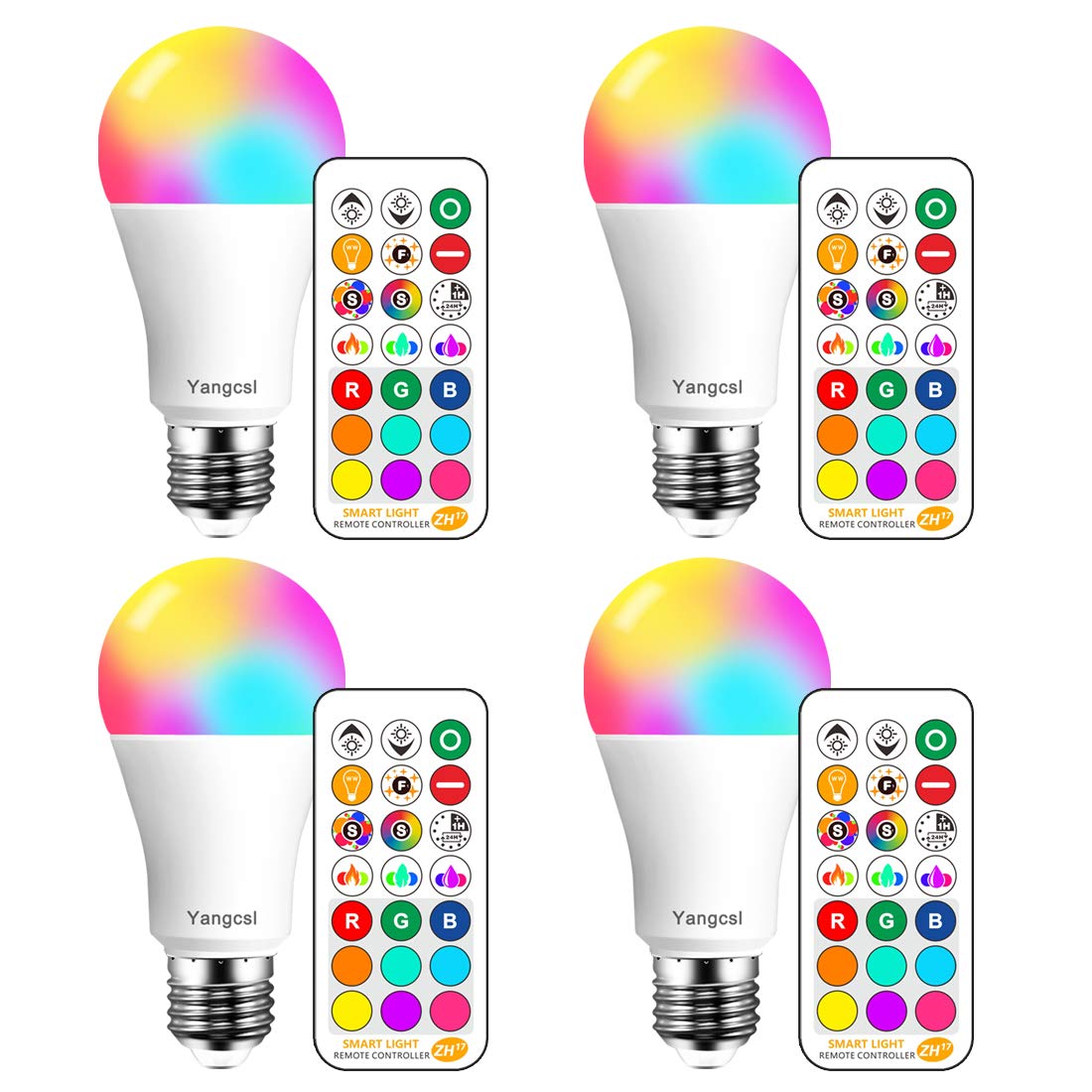 Yangcsl RGB LED Light Bulbs, Dimmable, 1200lm, A19 E26 Base, Pack of 4