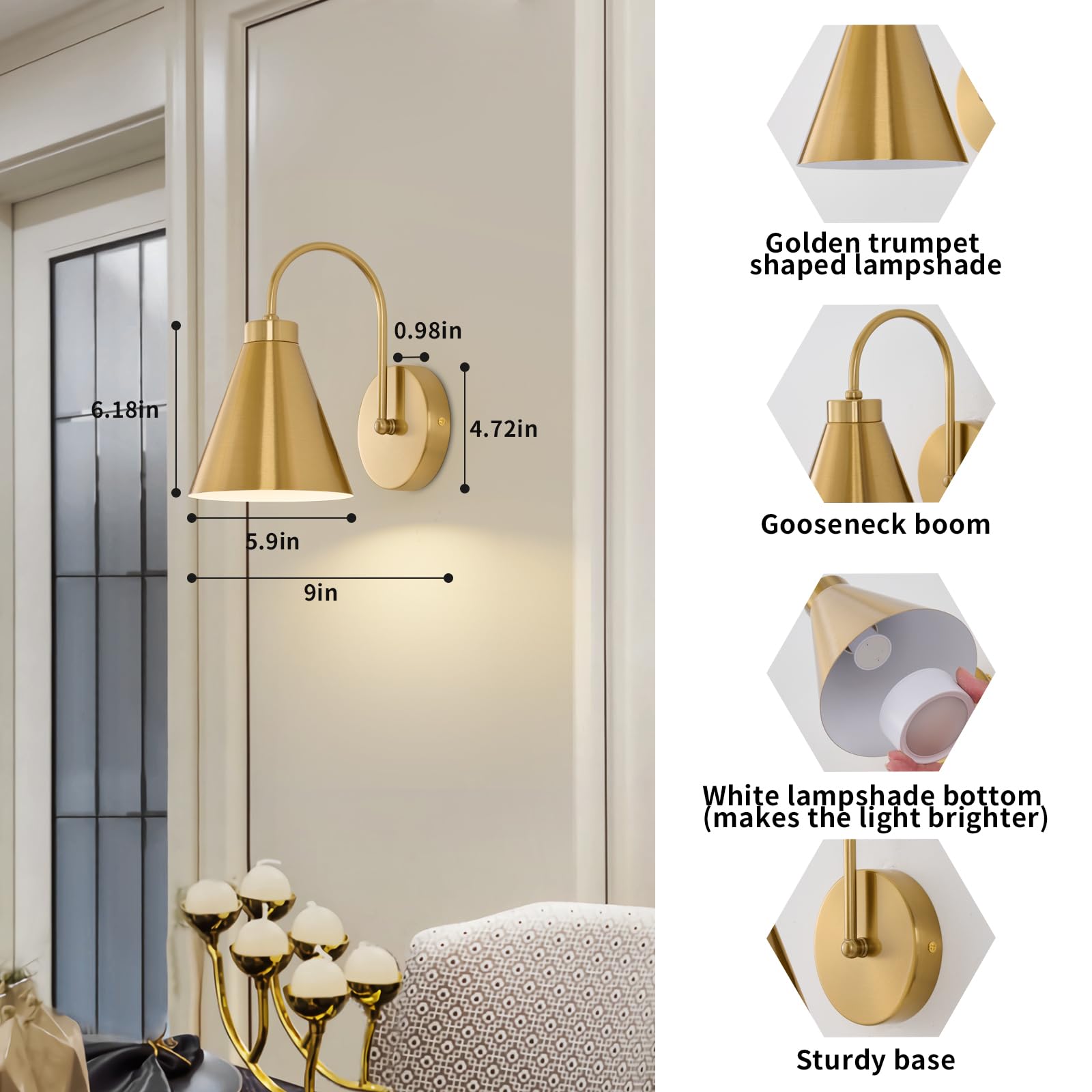 Powfloven Vintage Cordless Gooseneck Battery Operated Wall Sconces Set Of 2, Gold Bedside Battery Powered Wall Decor Lamps With Remote Control, Wireless Indoor Led Lights Fixture For Bedroom Hallway