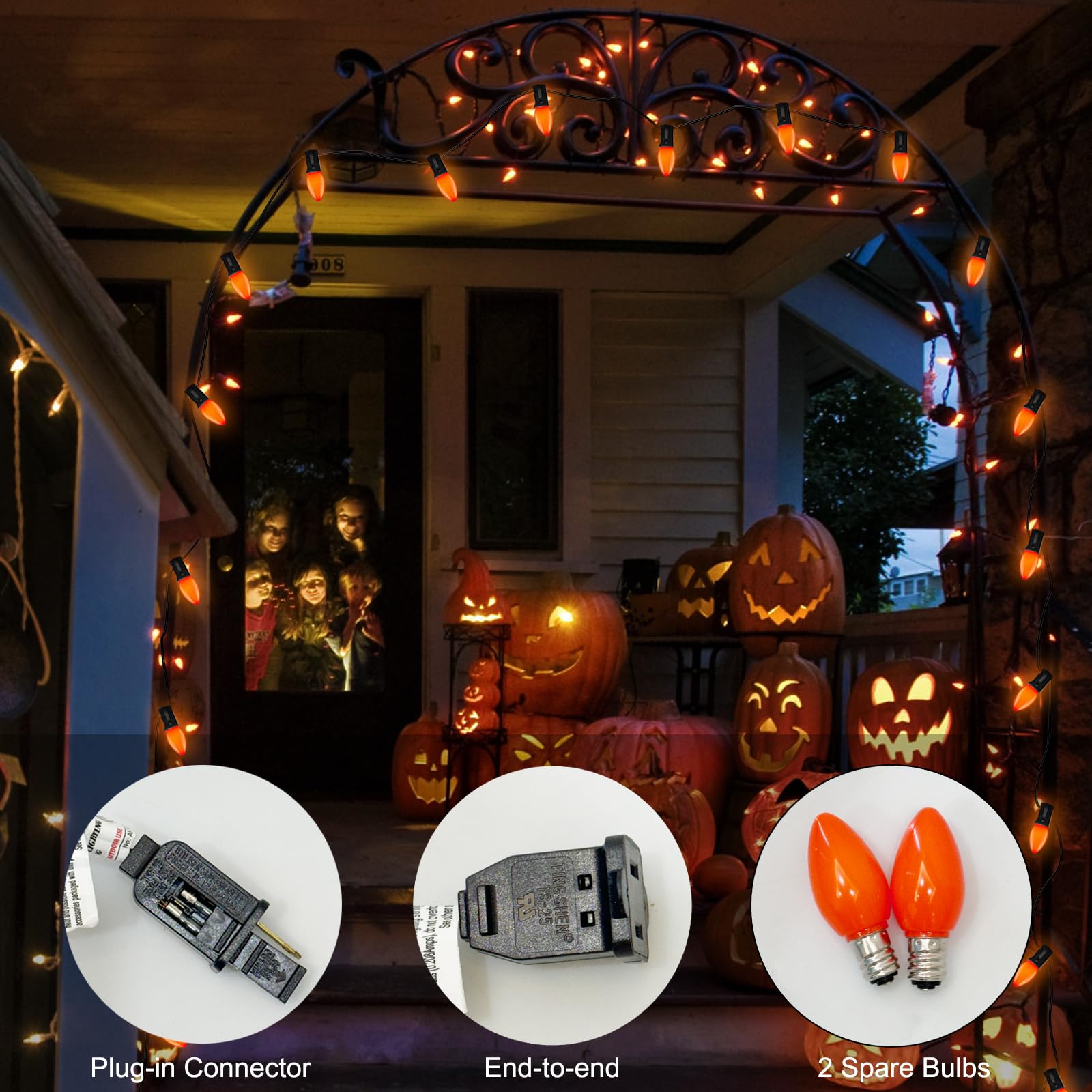 SUNSGNE C7 LED String Lights, 25FT, 27 Orange Lights, Black Wire, Outdoor Halloween Decorations