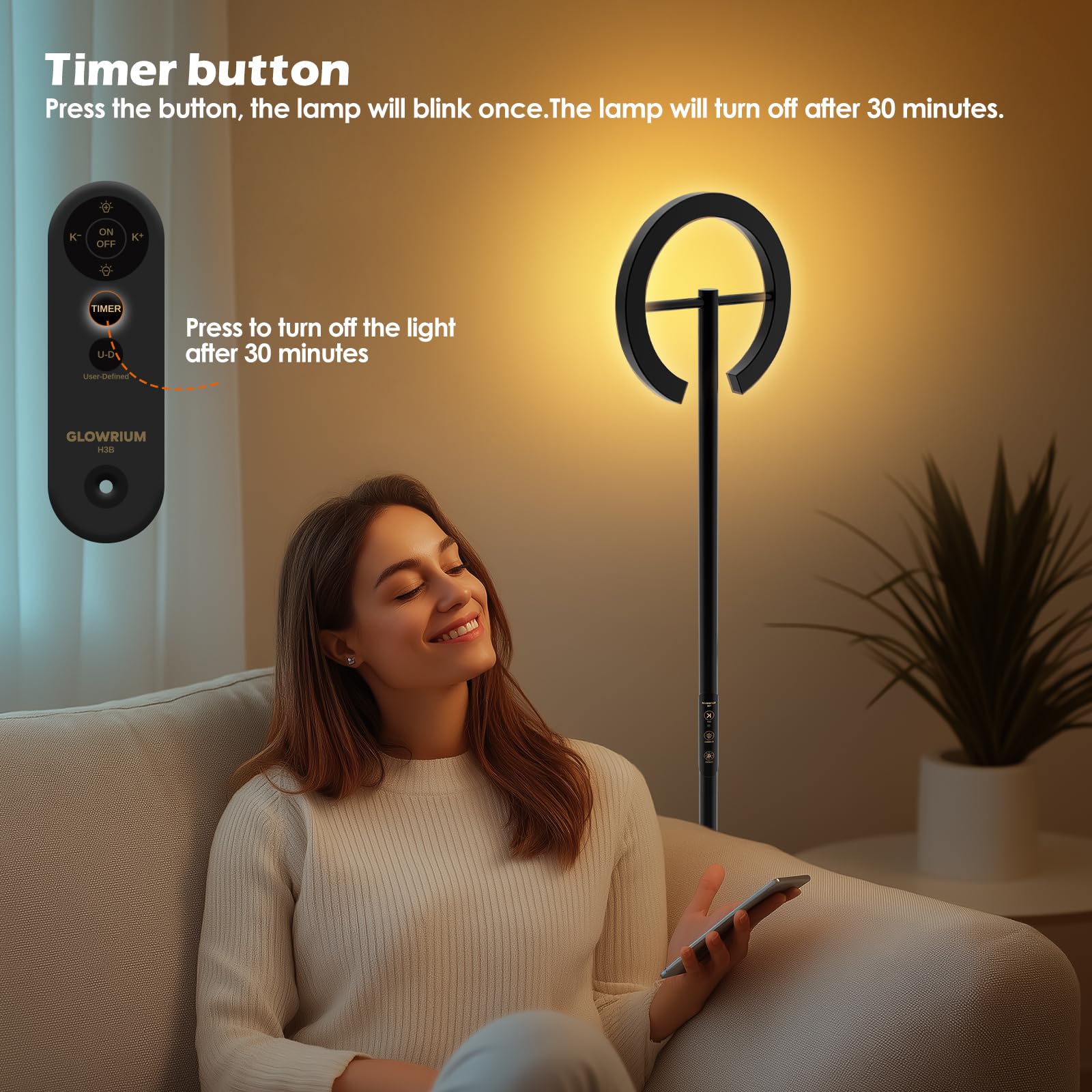 Glowrium-H3B Floor Lamp With Remote,Floor Lamps For Living Room,Stepless Dimmable Rotatable Reading Floor Lamp, 2700-6500K,Moder