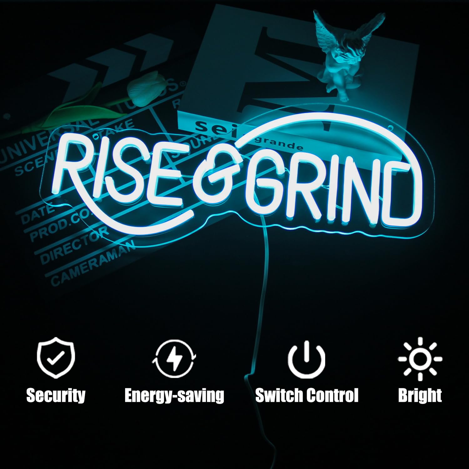 CKTBLEY Neon Sign - Rise & Grind Motivational LED Wall Art, Ice Blue, Acrylic, Inspirational Decor for Bedroom, Office, Gym, Man Cave