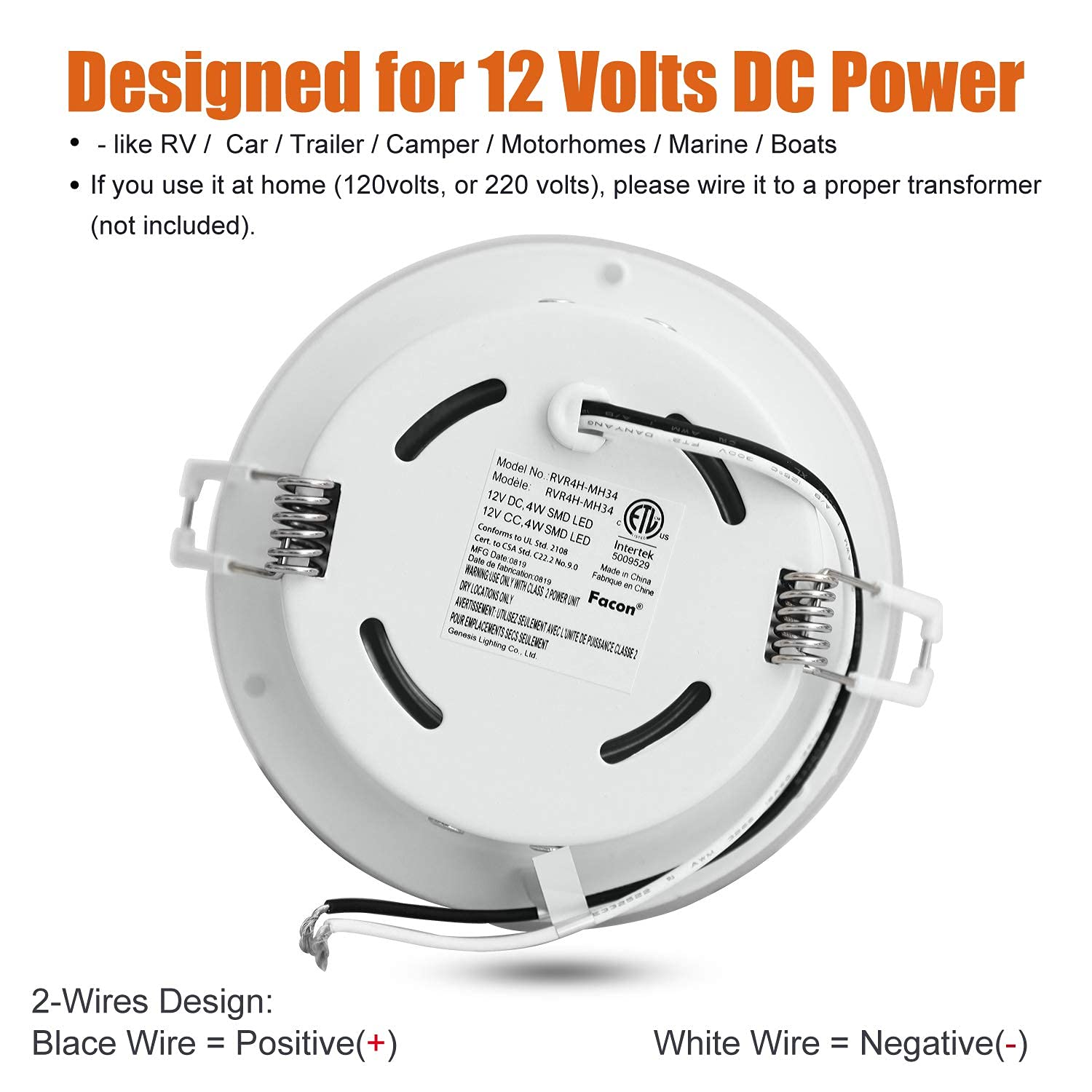 Facon LED RV Puck Light 4.5 Inch, Aluminum, 4000K Cool White, Model RVR4H-MH40, Pack of 2