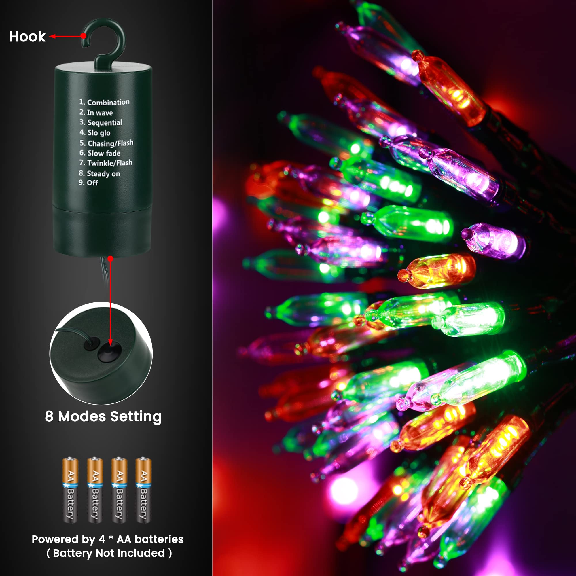 33ft 100 LED Decorative Lights with 8 Modes & Timer, Waterproof Battery Indoor Mini Lights (Orange, Purple, Green) for Halloween