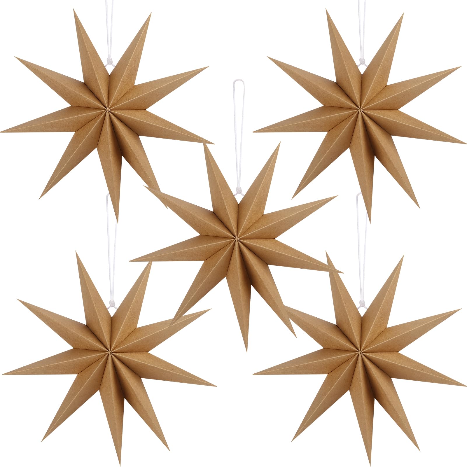 BestoFun 12 Inches 5 PCS Brown Paper Star Lanterns Christmas Party Decorations Hanging Stars Christmas Party Decorations Wedding Birthday Christmas Home Party Decorations(9 Pointed)