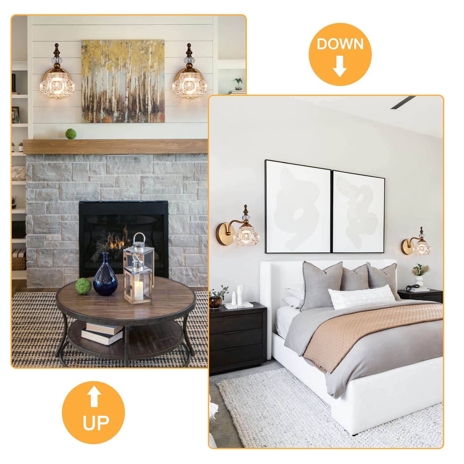 Zilanl Vintage Bathroom Vanity Light Fixtures, 3-Light Brass Vanity Wall Light Over Mirror With Amber Glass Shade For Bathroom B