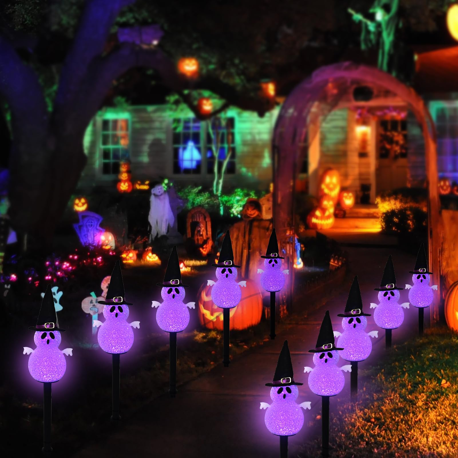 Solar Halloween Pathway Lights Outdoor Decorations 5 Pack Ghost Garden Stake Lights  Waterproof Led Walkway Lights For Outside Patio Yard Halloween Decor (Purple Ghost)