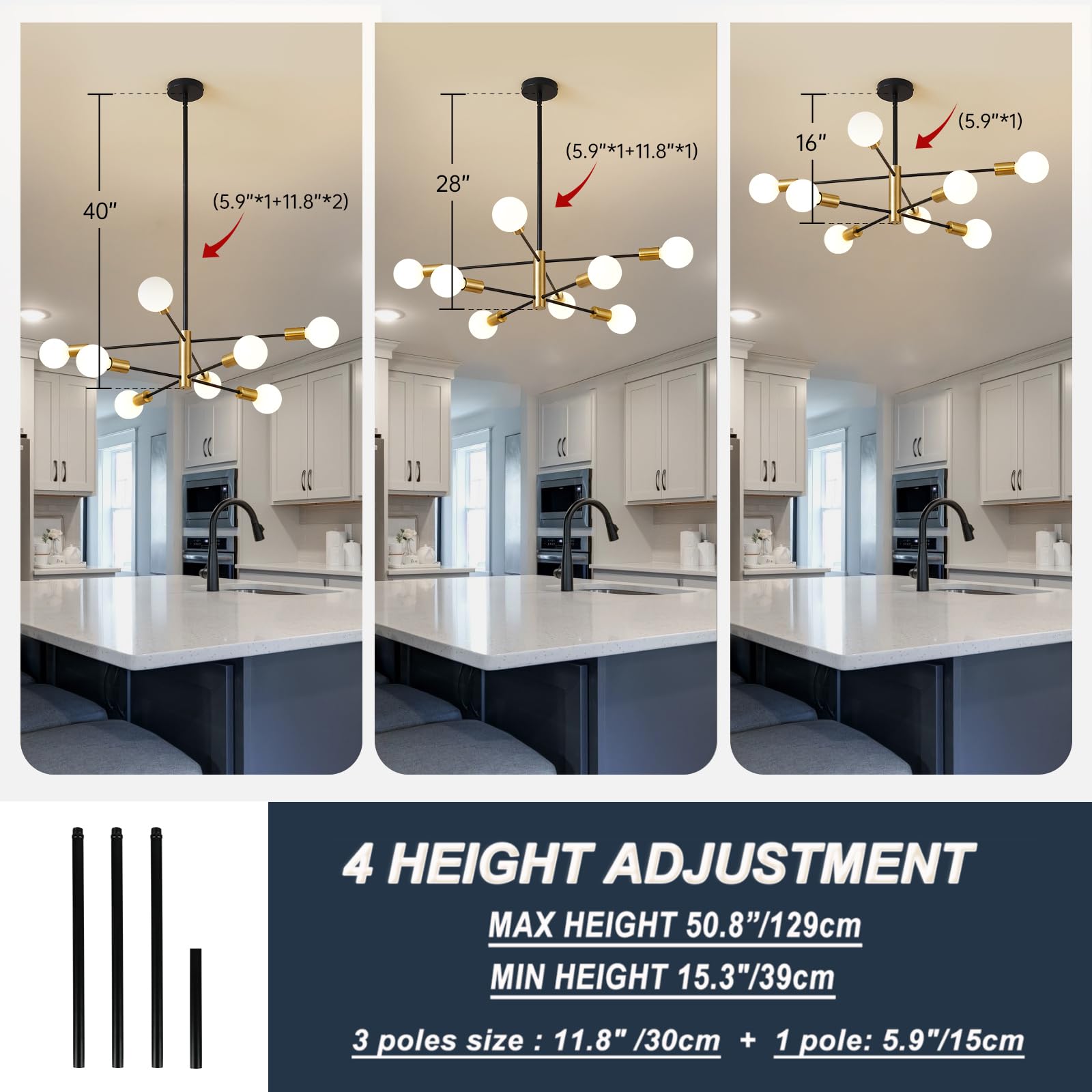 Ruiyey Modern 8-Light Sputnik Chandelier, Black And Gold, Adjustable Ceiling Fixture For Dining Room