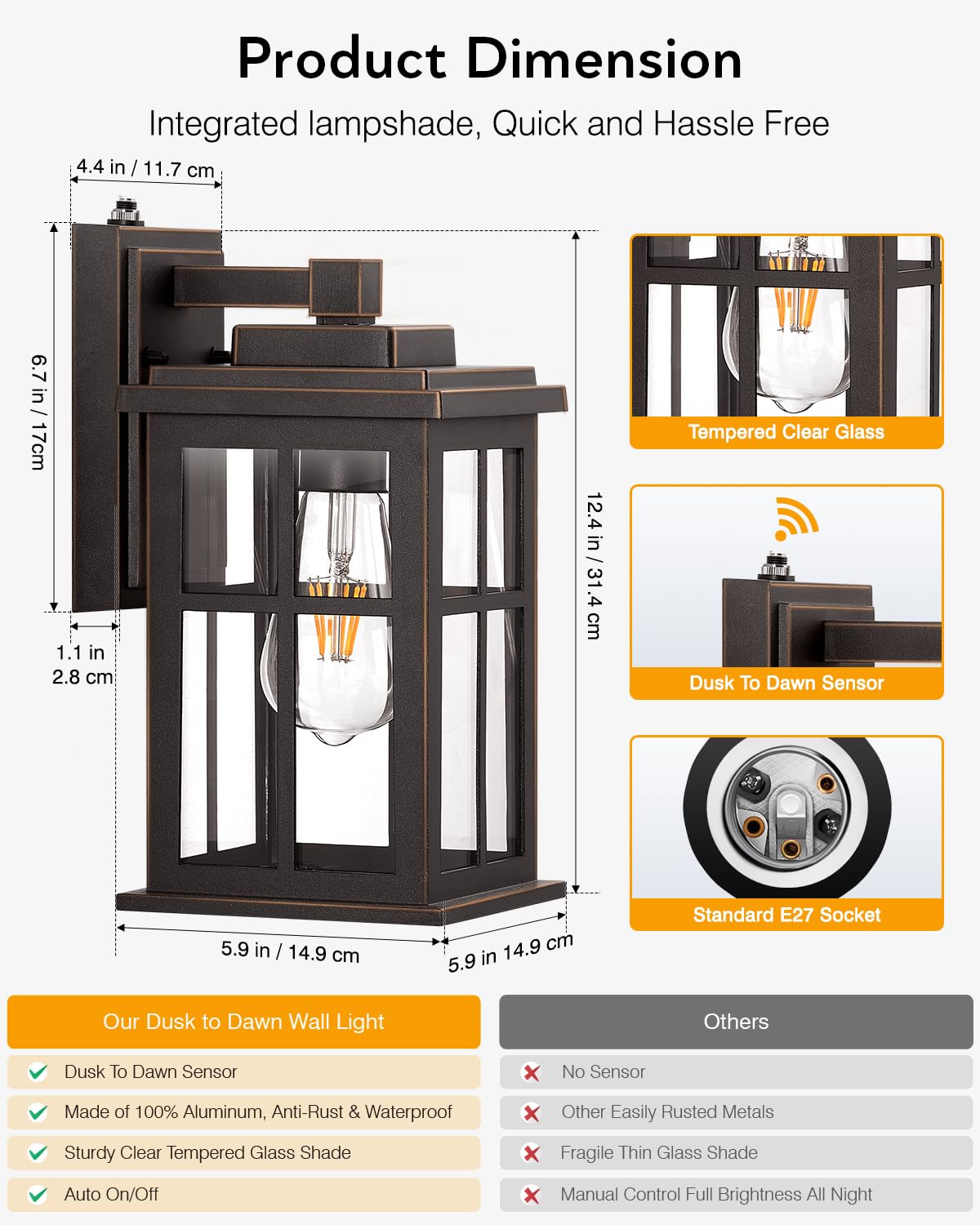 Opaxis Anti-Rust Dusk To Dawn Outside Lights  2-Pack Oil Rubbed Bronze Exterior Lighting Fixtures  Easy-To-Install Waterproof Modern Outdoor Wall Light For Porch  Garage  Front Door