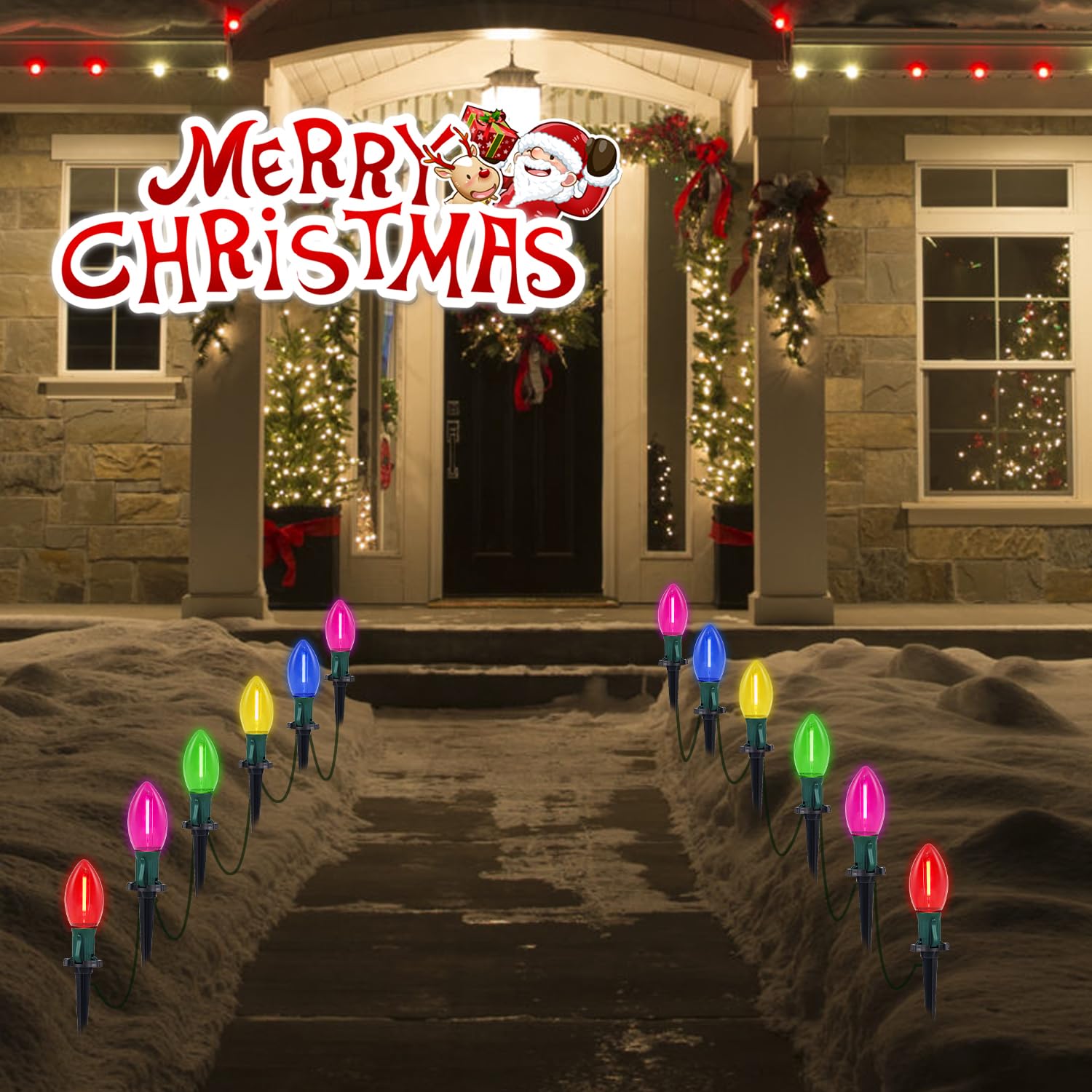 C9 Led Christmas Pathway Lights, 38Ft Multi-Color Christmas Pathway String Lights With 25 Multi-Color Led Light Bulbs And Stakes