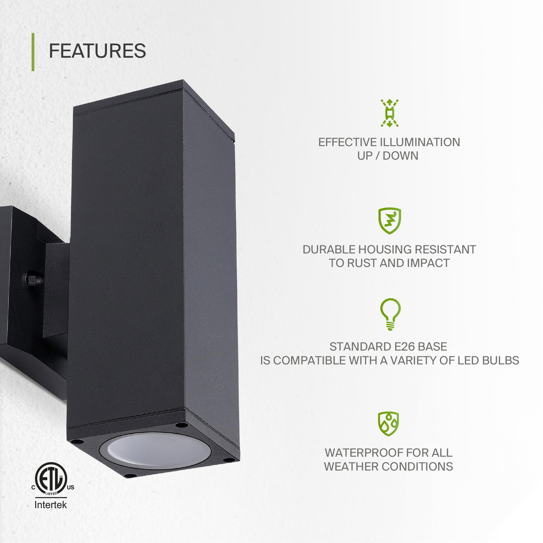 ASD 2-Way Square Wall Light Fixture | Waterproof | 120W E26 Socket | Black | Model A-OCLS-2I-2660-BK