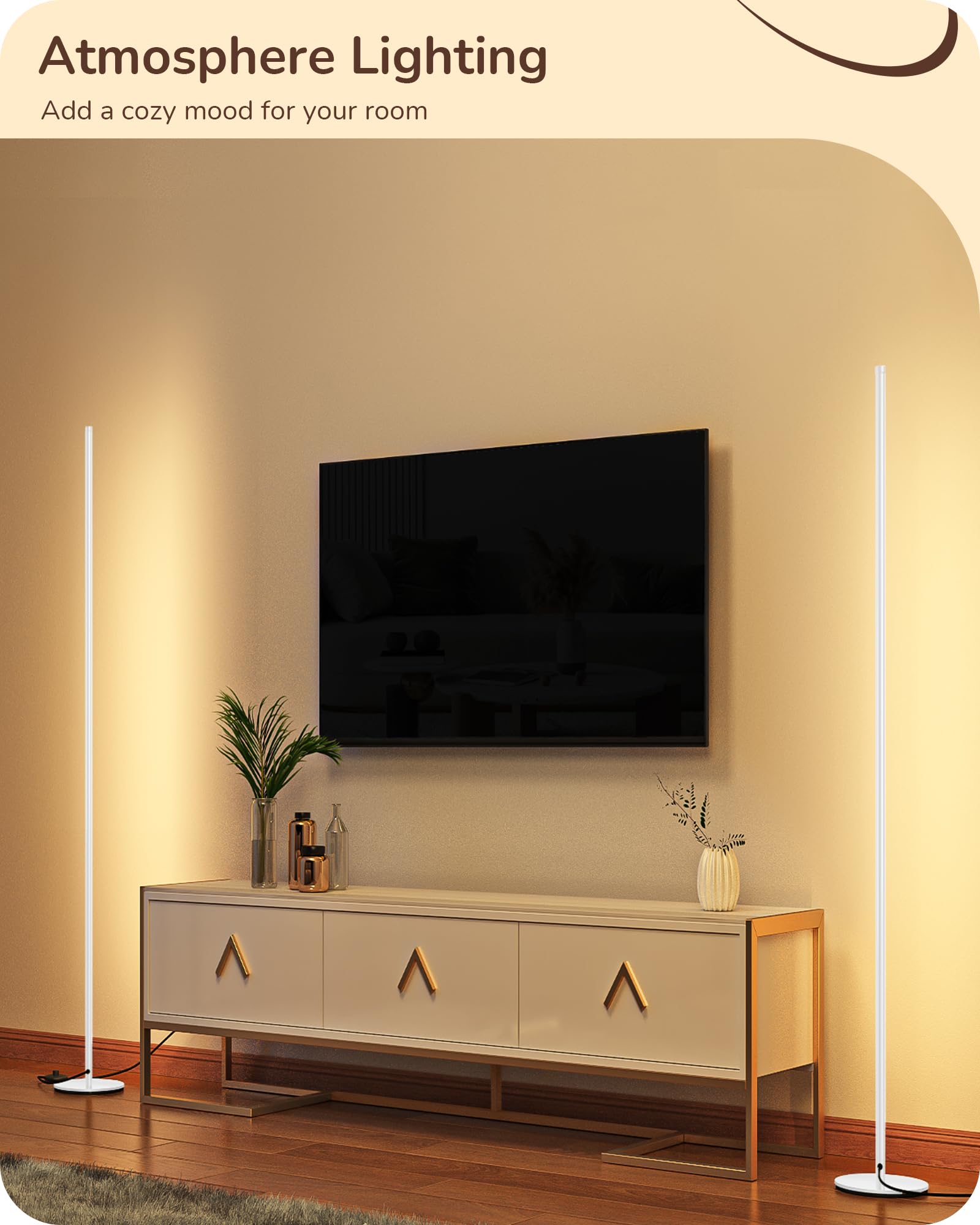 EDISHINE LED Corner Floor Lamp, 57.5in Dimmable, Minimalist Design, Aluminum, Warm White Light, White