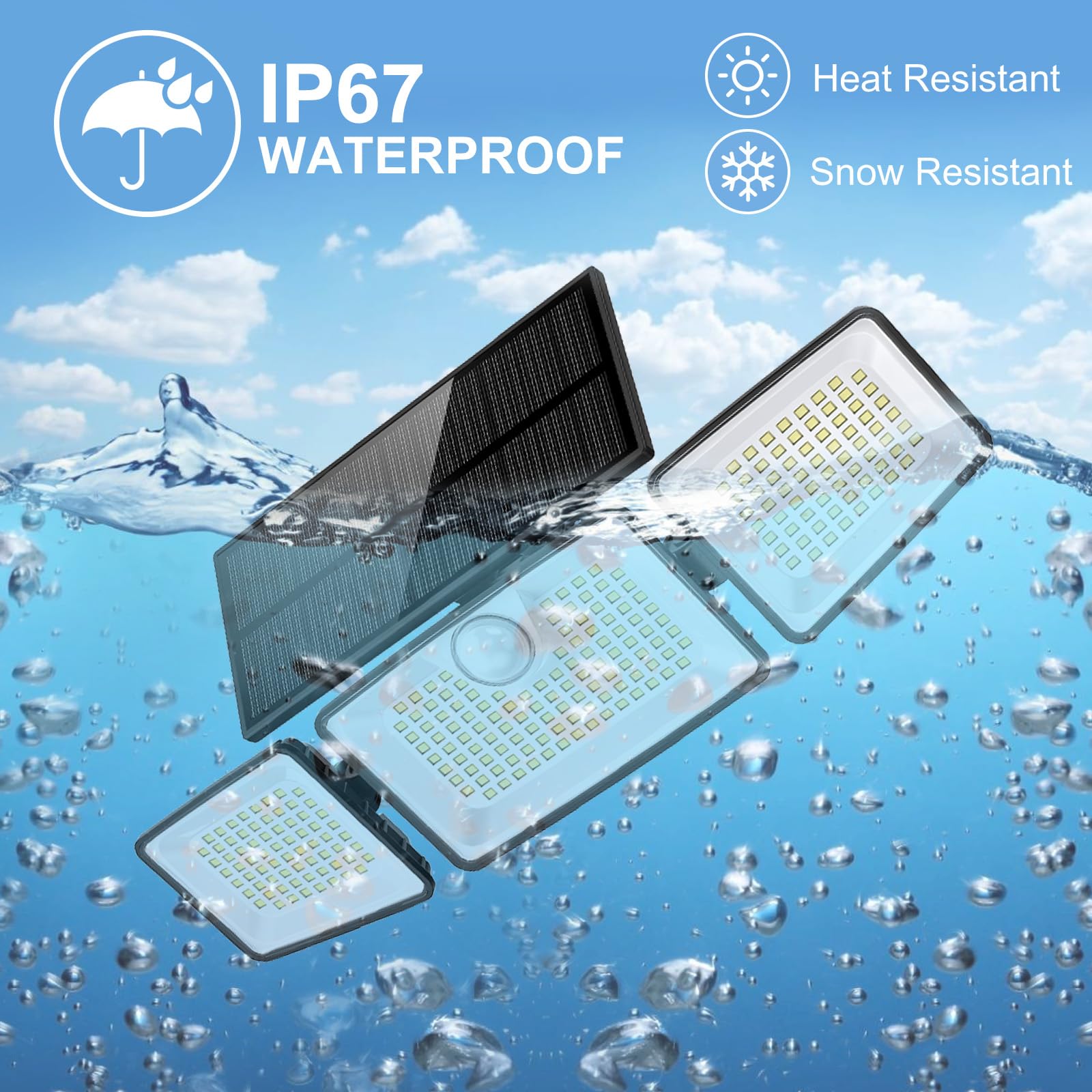 daphino Solar Motion Lights 2500LM, 3 Head 355° Angle, IP67 Waterproof, 2 Pack, Black, Model DH-788, Tempered Glass Solar Panel