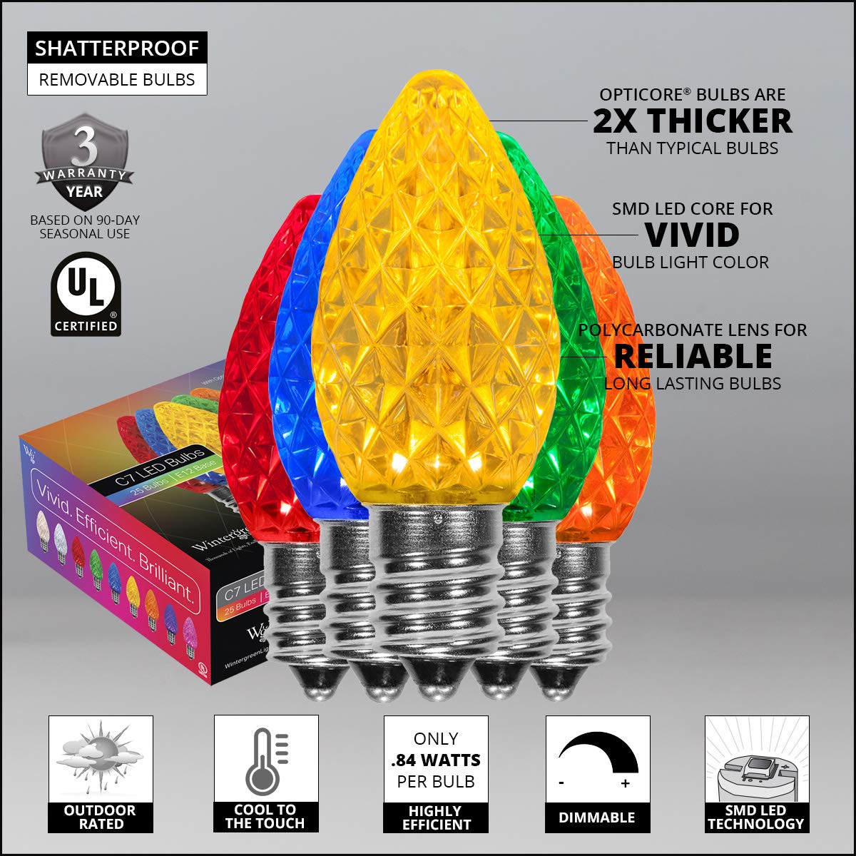 Wintergreen Lighting C7 LED Christmas String Lights - 50 ft, 50 Multicolor Lights, Polycarbonate, Green Wire