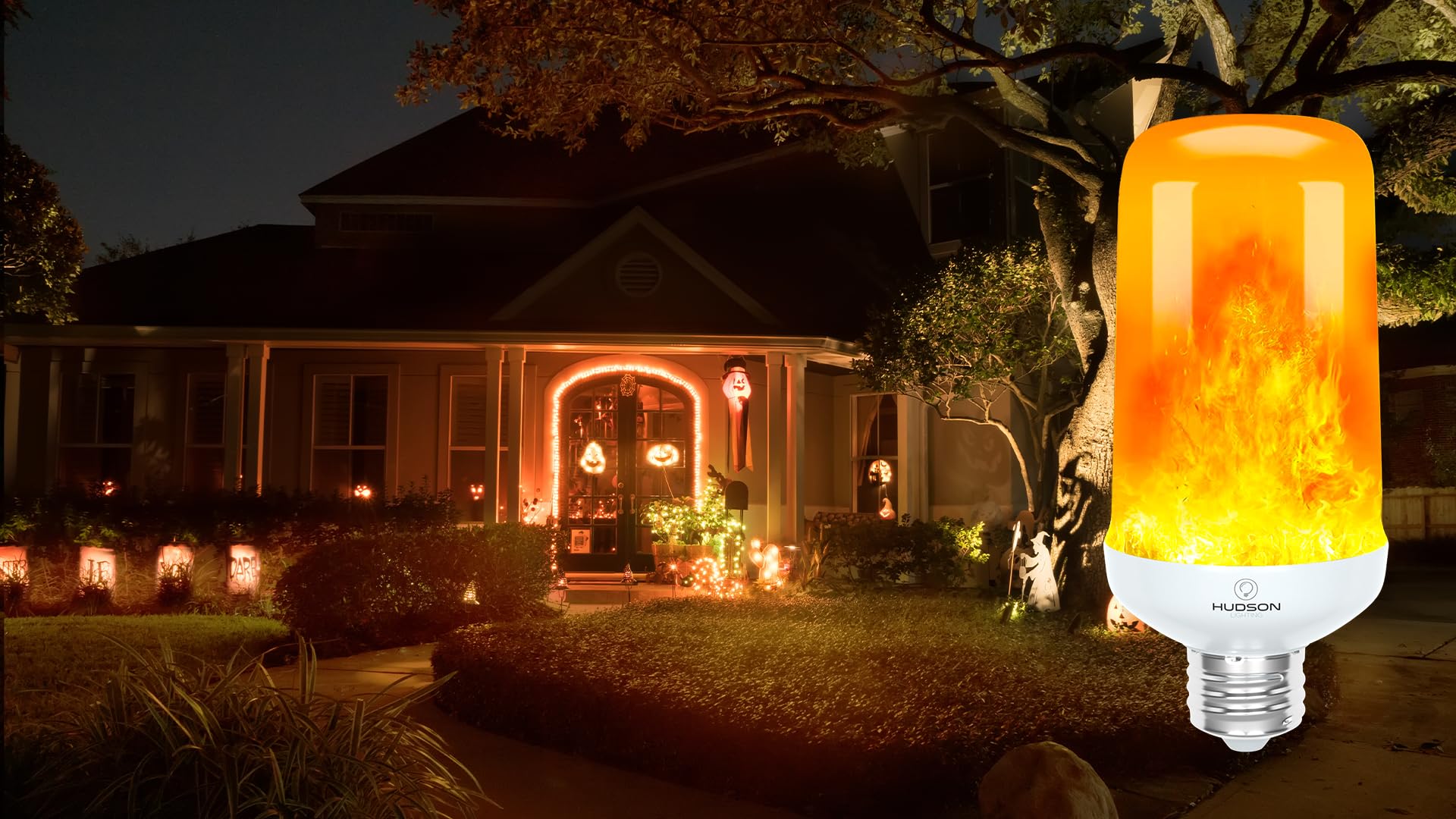 HUDSON BULB CO. 3W LED Flame Effect Light Bulbs, 4 Modes, E26/E27 Base, Orange Flickering Fire Light Bulbs, 2 Pack for Indoor/Outdoor