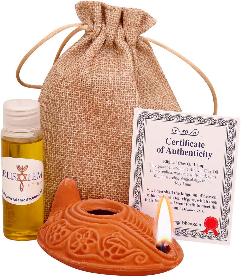 Herodian - Biblical Replica Ancient Clay Oil Lamp And Flask Of Olive Oil From Bethlehem In Gift Bag & Certificate Of Authenticity Hanukkah-Judaica/Christian Gift/Messianic