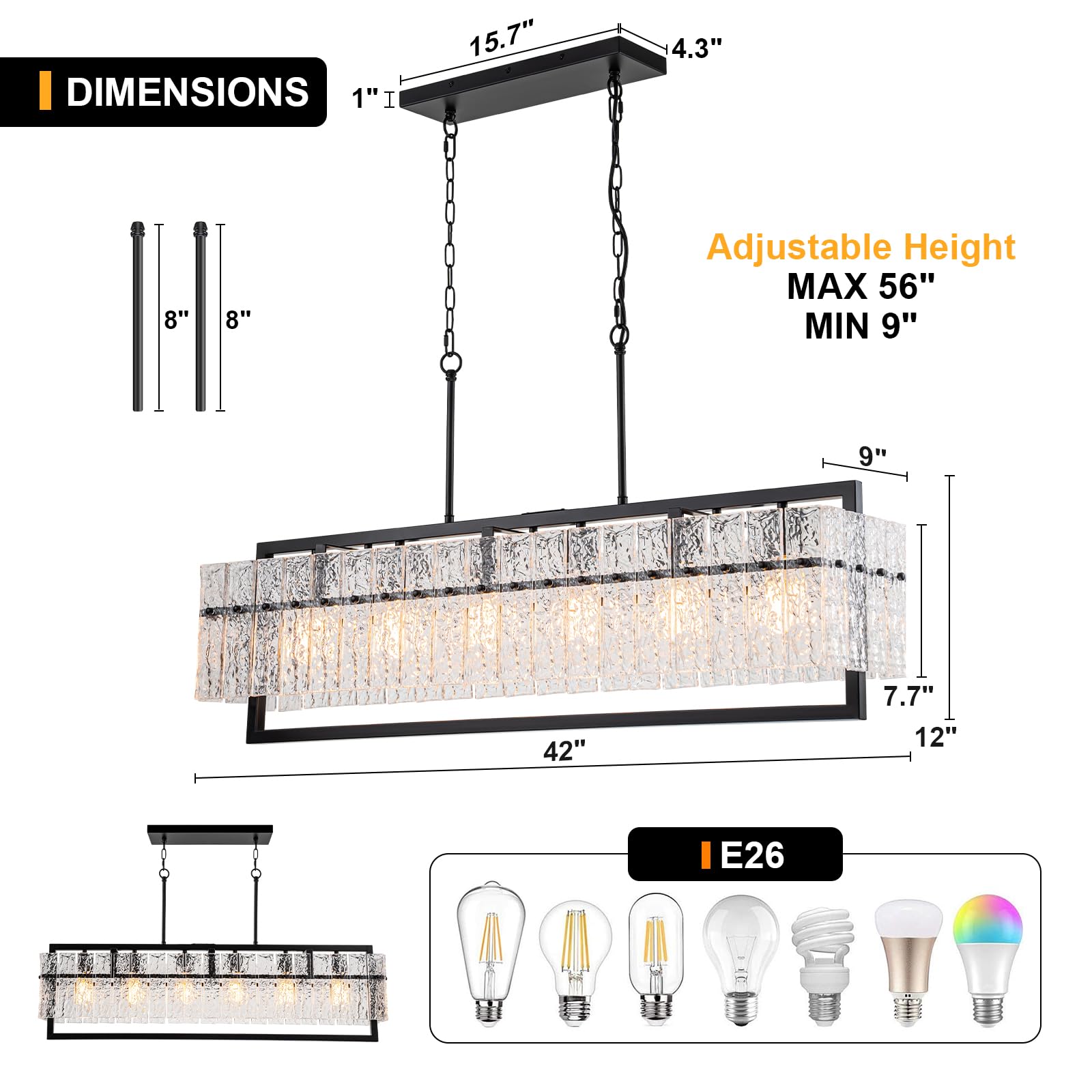 Jsdorsy Modern Chandeliers For Dining Room, 6-Light Large Black Rectangle Kitchen Island Lighting With Water Ripple Glass, 42