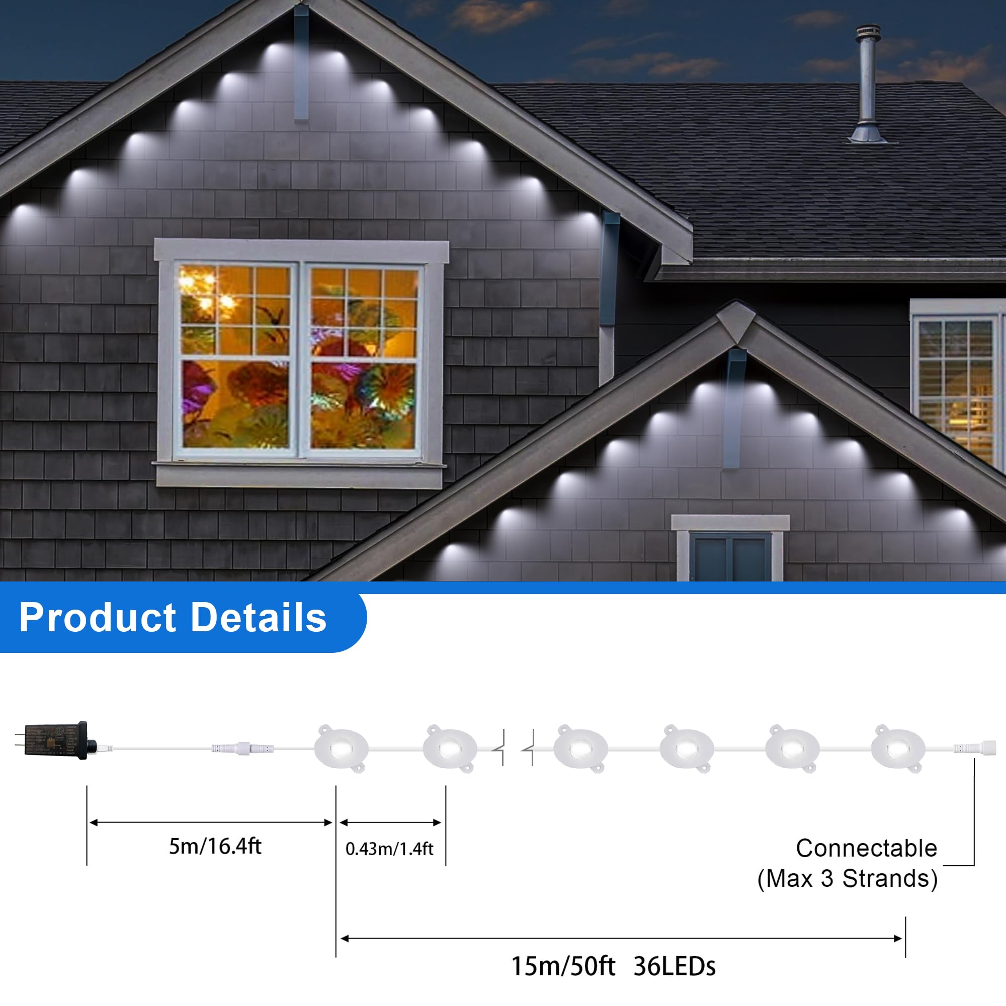 MERRIMAX M 50ft 36LED Outdoor String Lights, Waterproof, 8 Modes, Remote Control, White, Model MLS-D24V6WUIC-O
