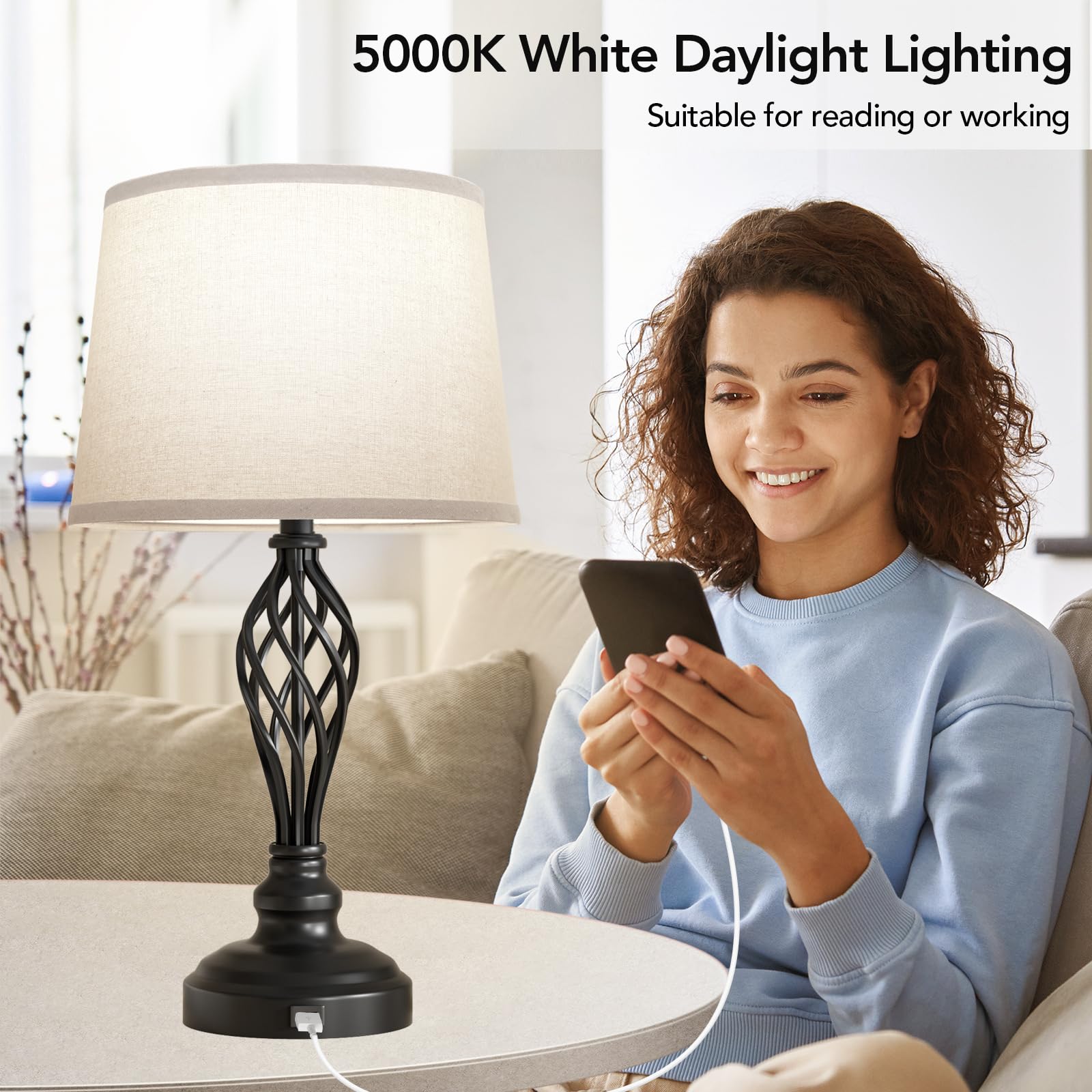 Partphoner Set Of 2 Table Lamps With Usb Port, Farmhouse Bedside Lamps With 3-Color Temperature, Nightstand Lamp Large Cream Dru